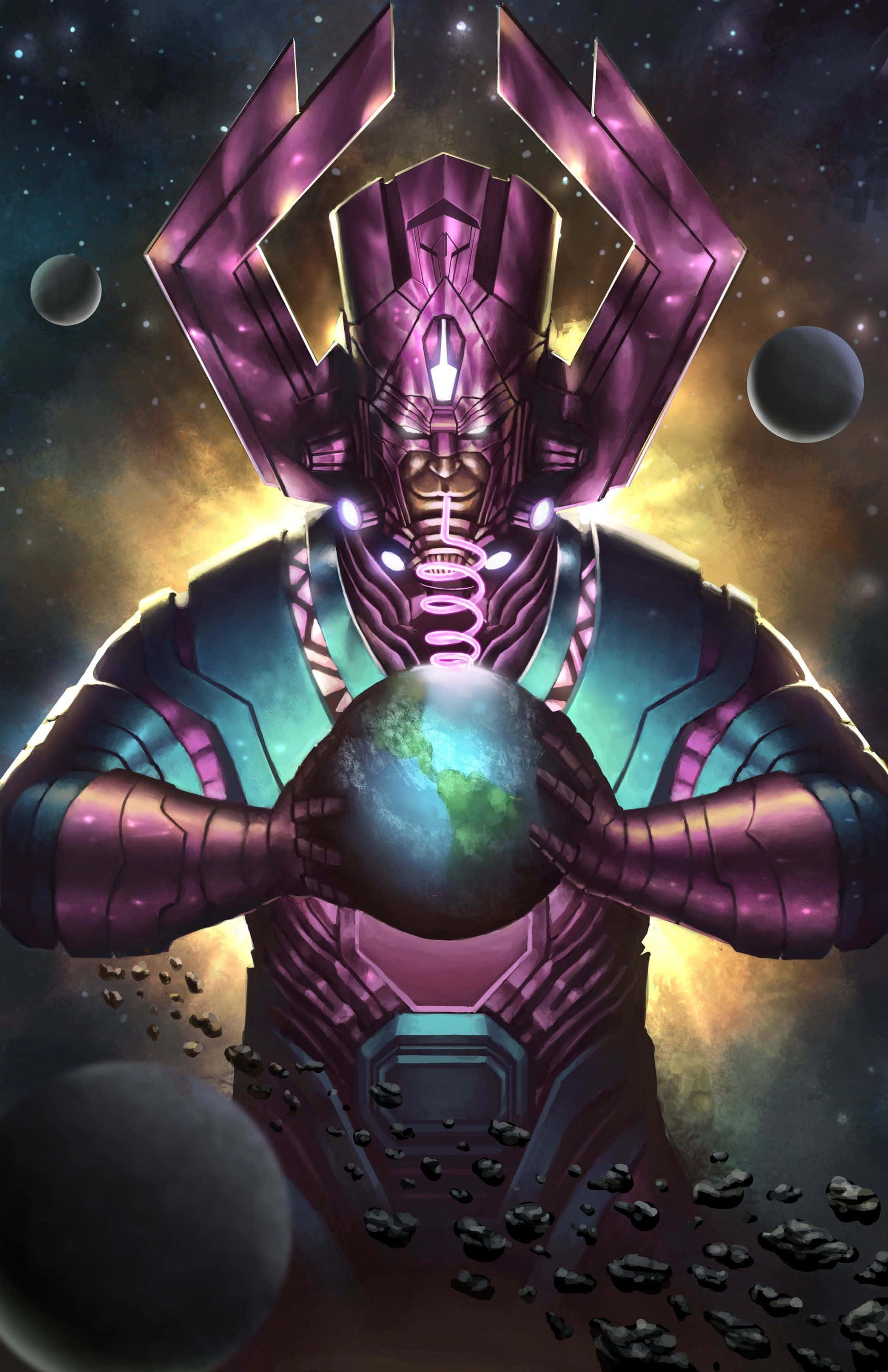 Galactus, purple armor, glowing planet, 2K Phone Wallpaper