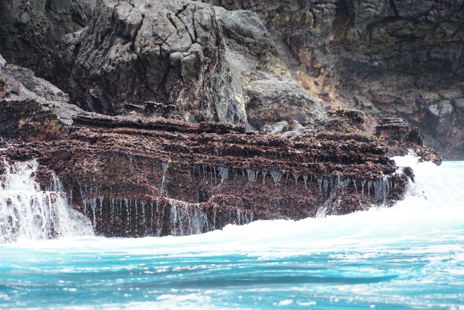 Galapagos, cliffside waterfall, turquoise waves, Full HD Desktop Wallpaper