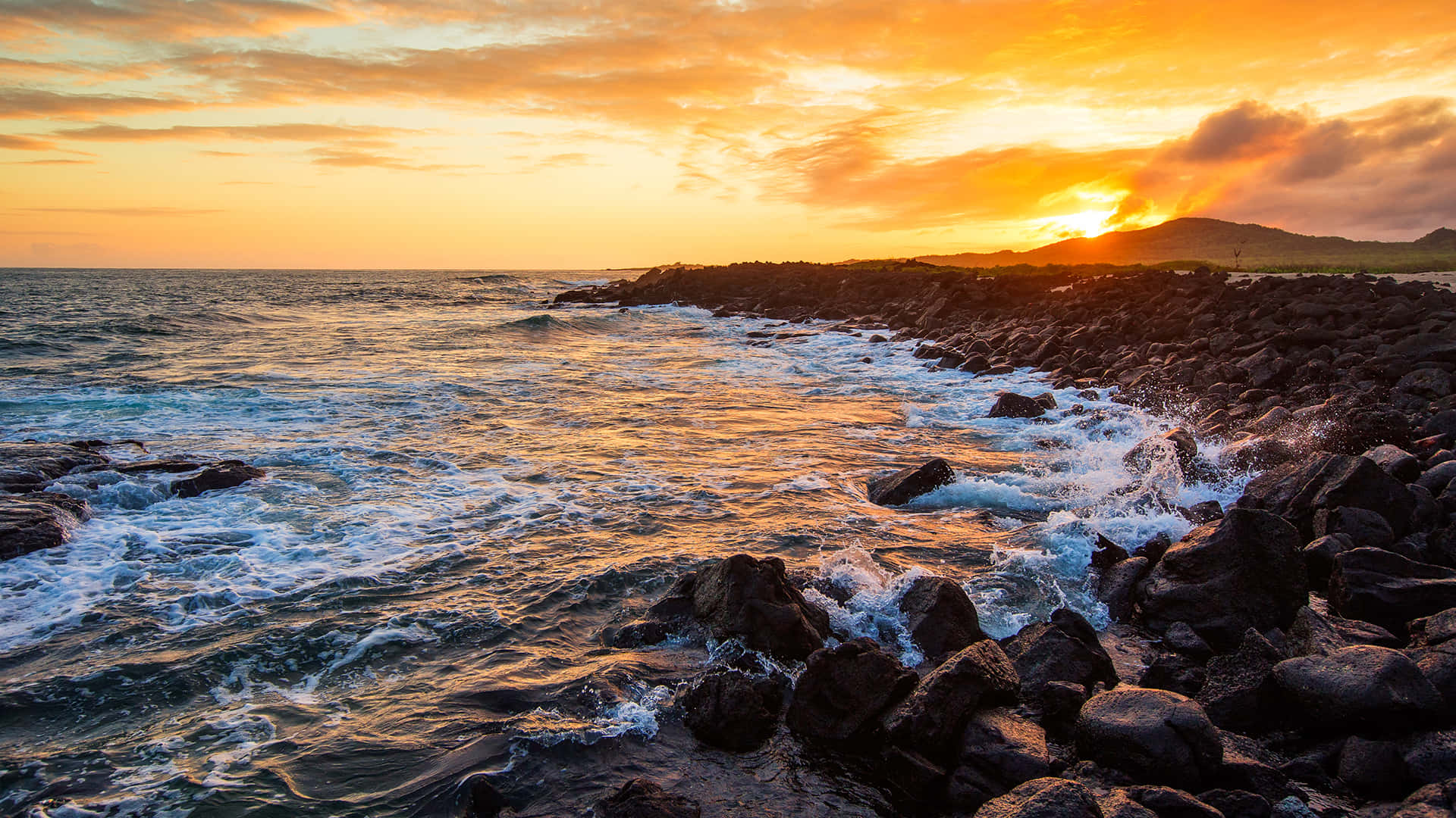 Galapagos Islands, sunset, fiery orange, Full HD Desktop Wallpaper