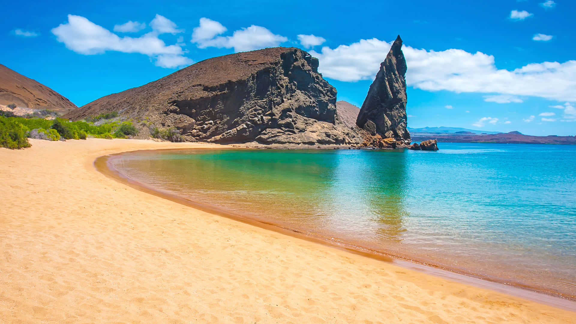 Galapagos Islands, beach, pinnacle rock, Full HD Desktop Wallpaper
