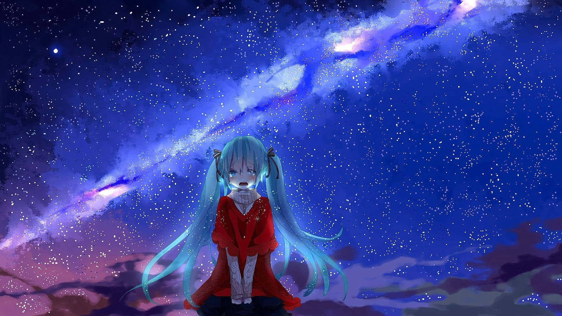 blue-haired anime girl, red coat, vibrant starry night sky, Full HD Desktop Wallpaper