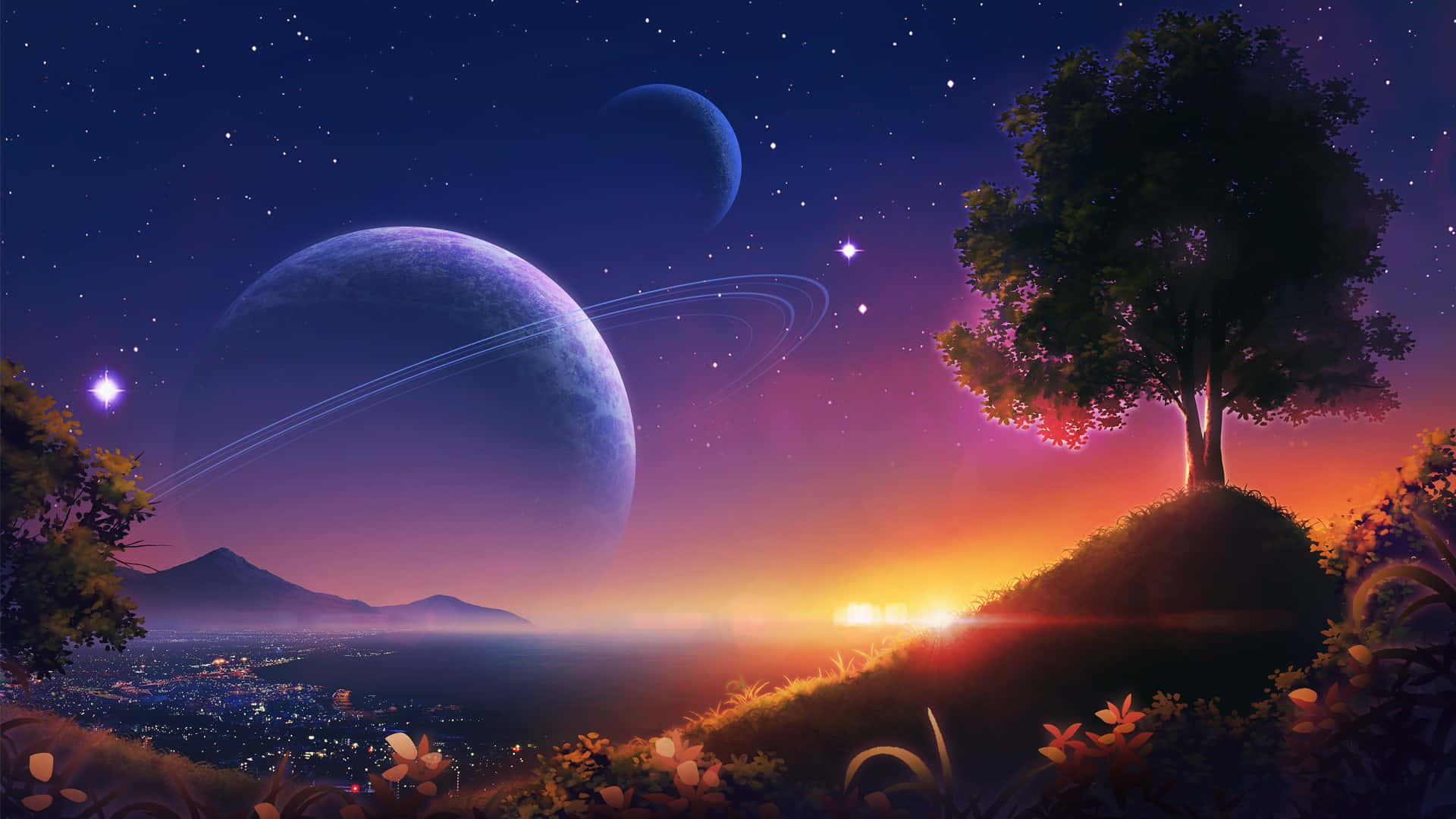 Mystical Galaxy Artwork, glowing city, purple planet with rings, Full HD Desktop Wallpaper