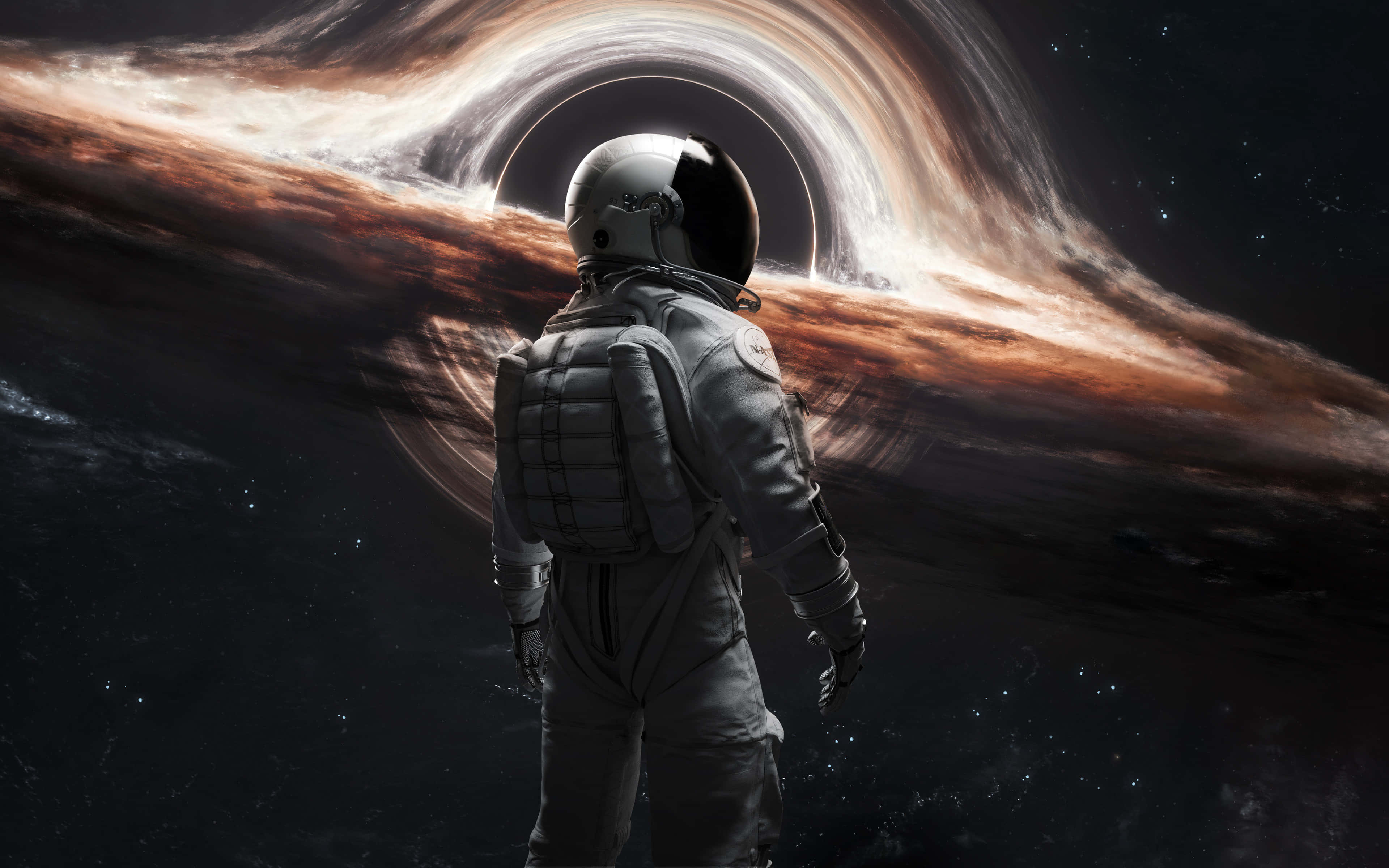 astronaut, white suit, swirling black hole, 4K Desktop Wallpaper