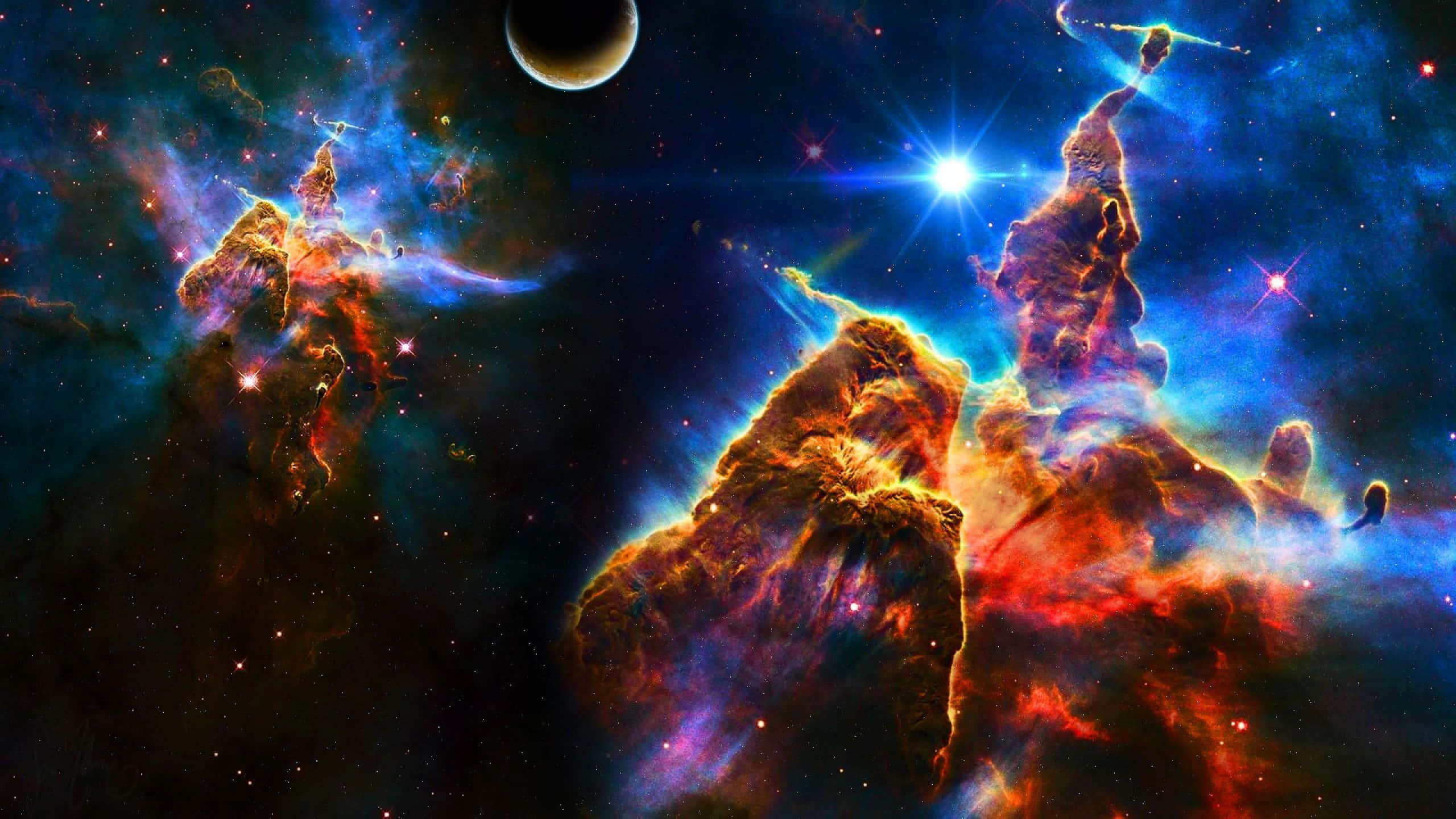 galaxy artwork, cosmic pillars of gas and dust, fiery reds, 2K Desktop Wallpaper