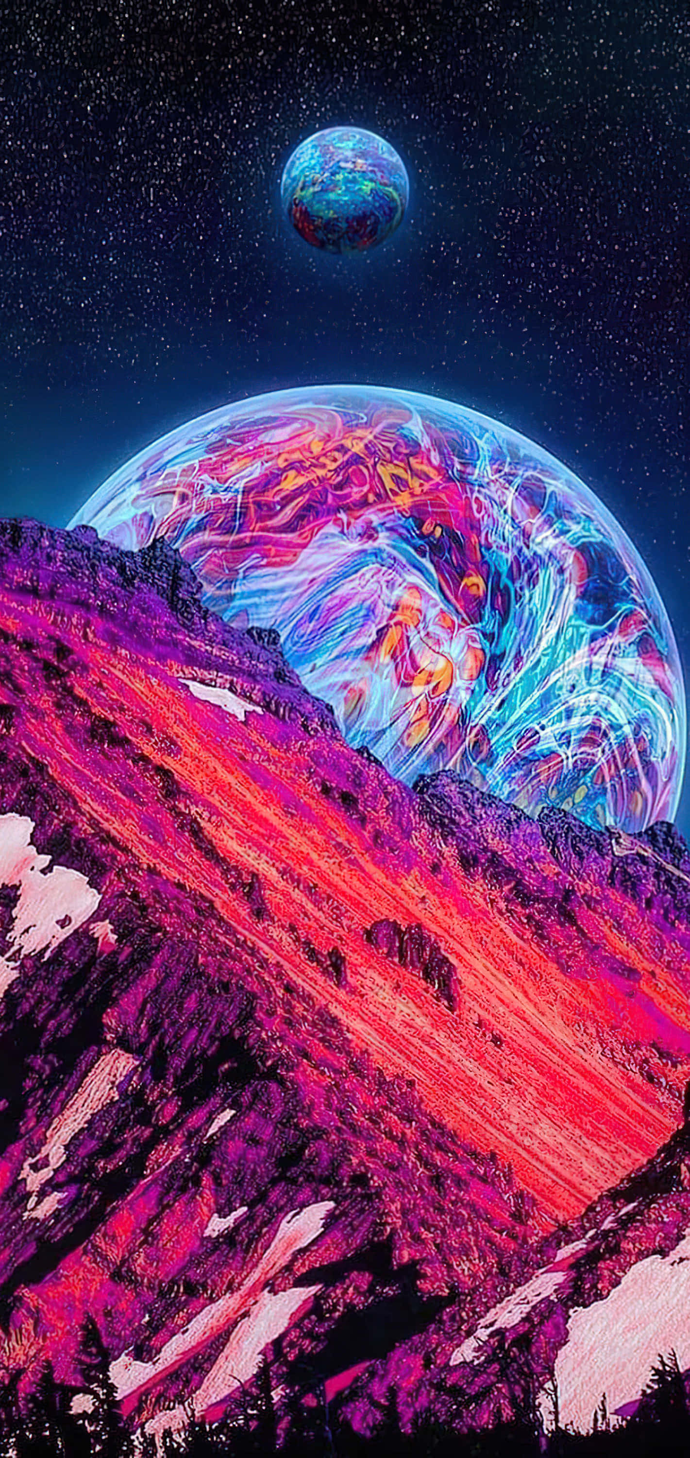 galaxy artwork, neon colors, purple mountain range, 2K Phone Wallpaper