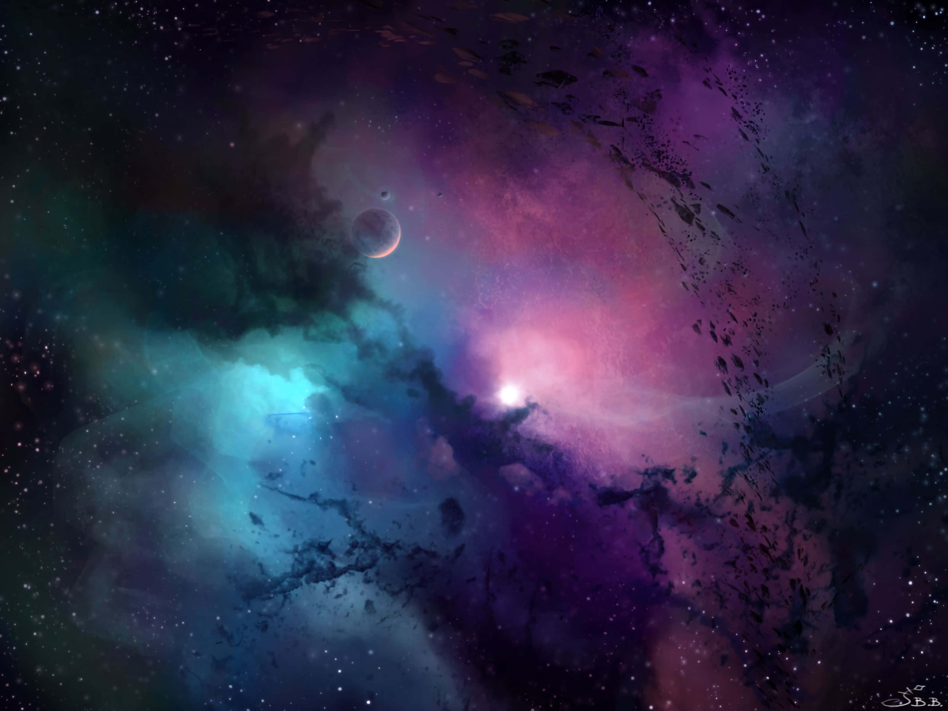 galaxy artwork, cosmic nebula, vibrant purple pink and teal clouds, 2K Desktop Wallpaper