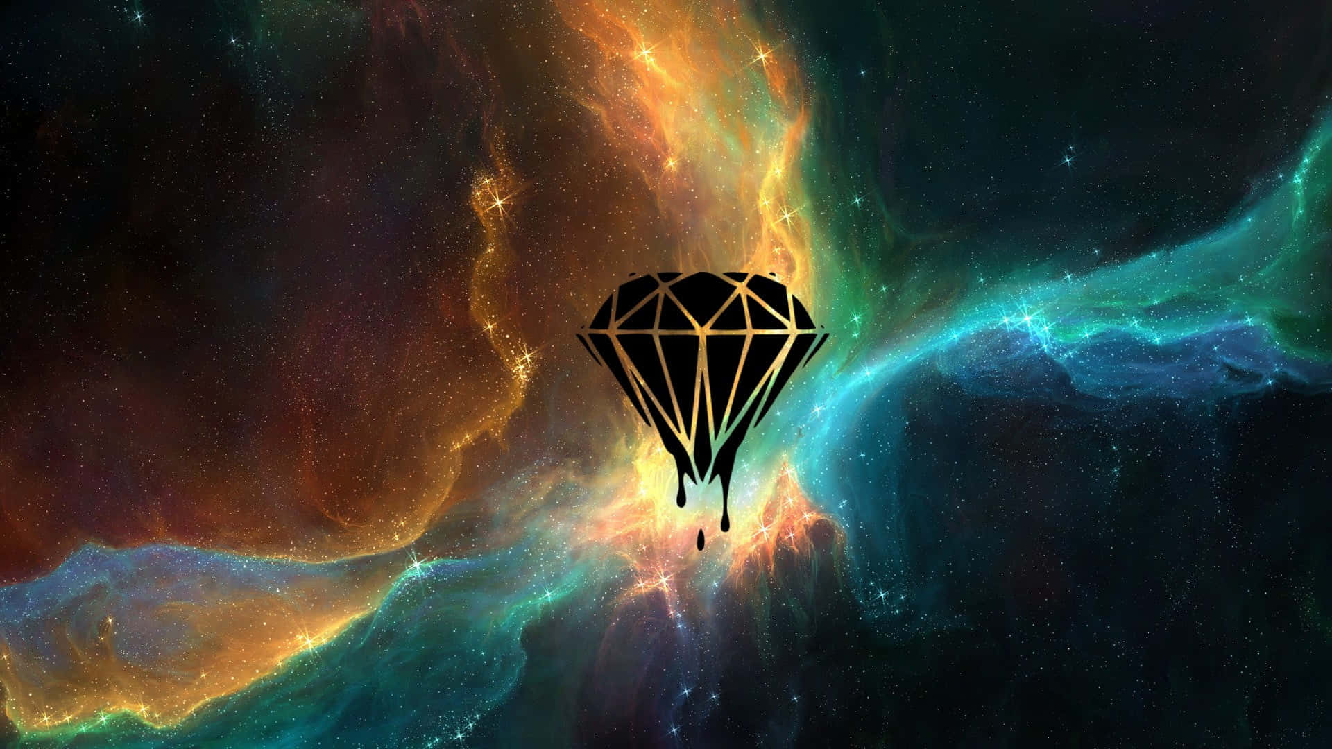 galaxy artwork, geometric black diamond, golden lines, Full HD Desktop Wallpaper