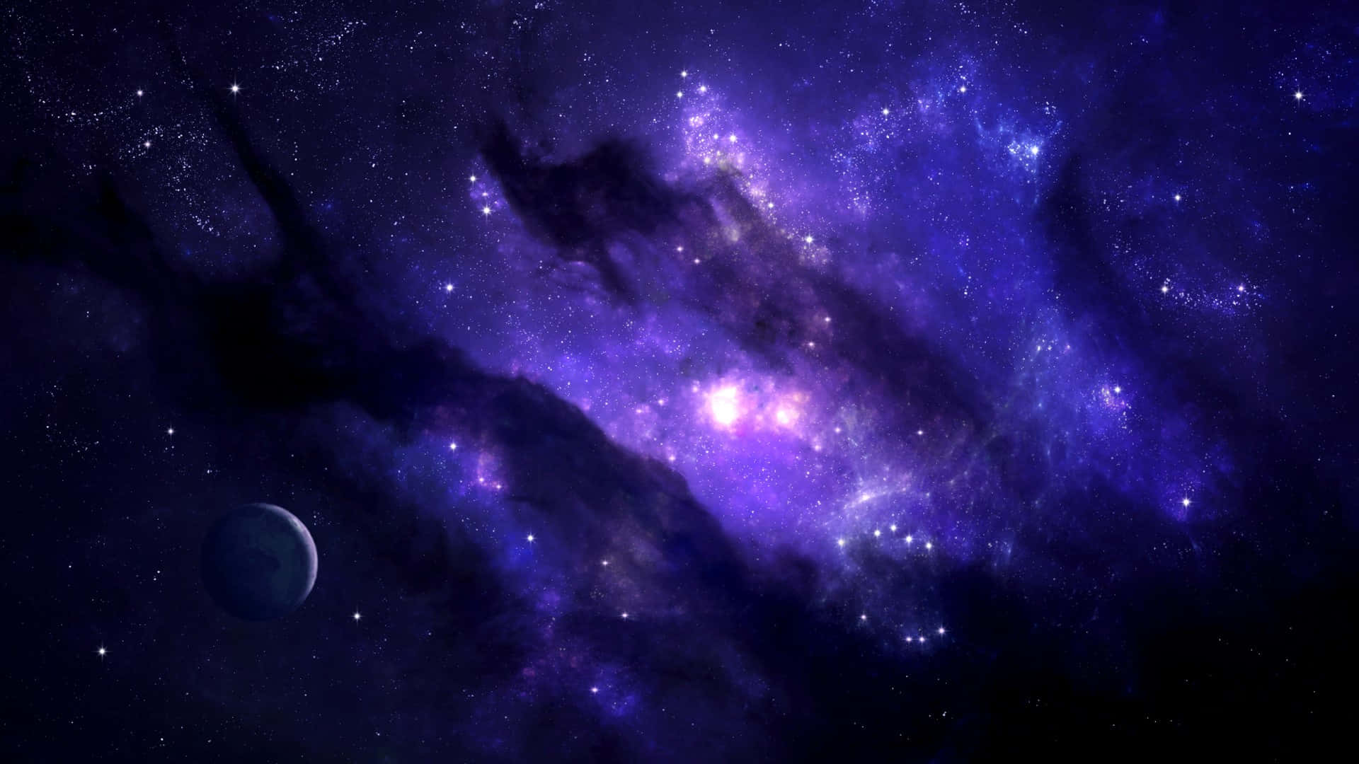 vibrant purple nebula, glowing stars, distant planet, Full HD Desktop Wallpaper