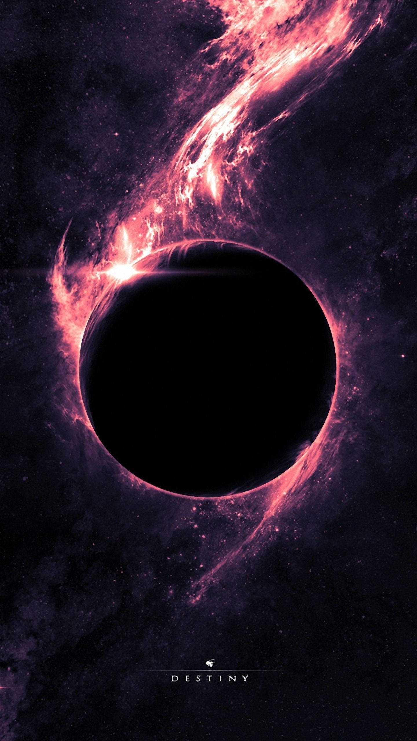 fiery black hole, glowing pink and purple accretion disk, starry dark space background, 2K Phone Wallpaper