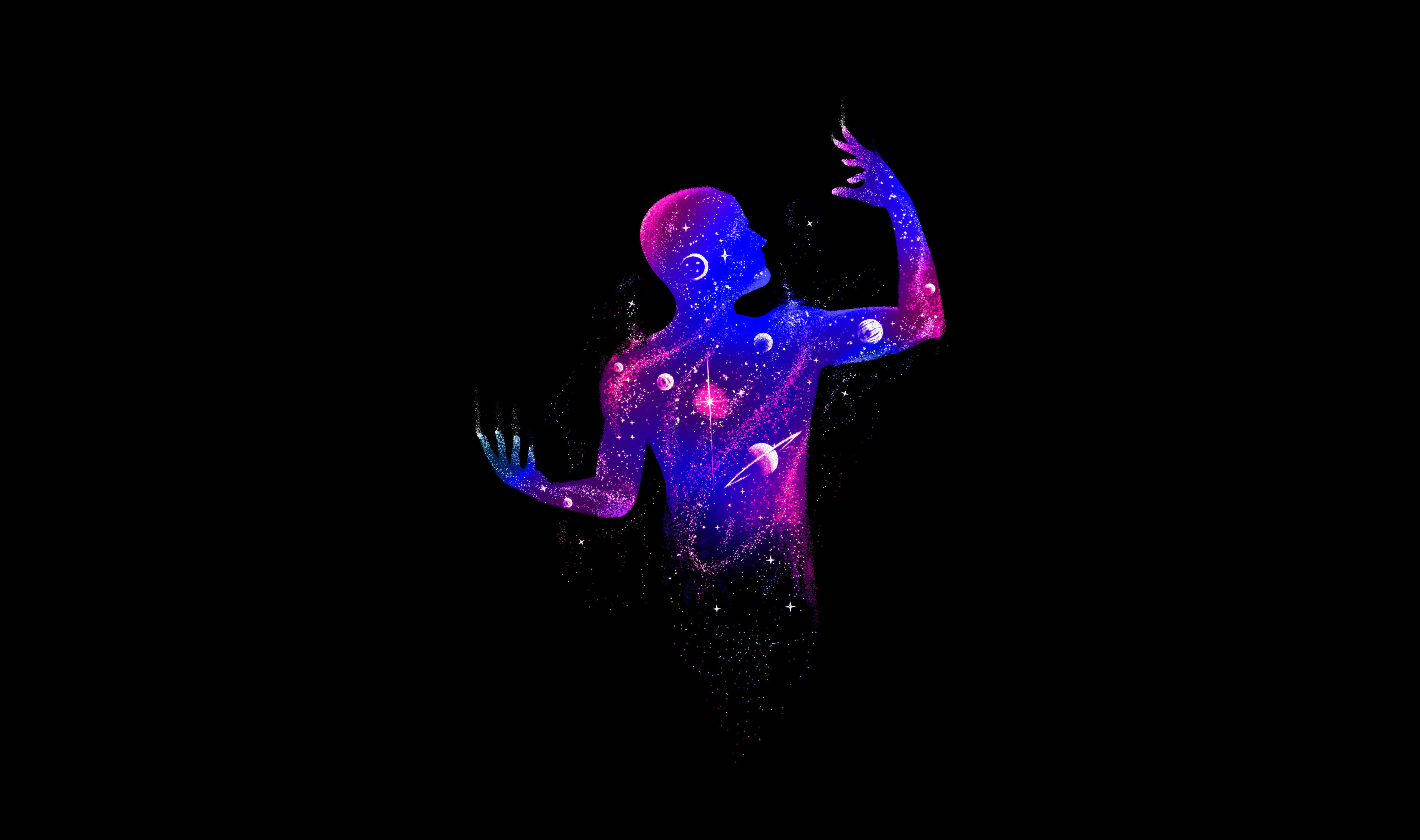Human Galaxy, black void, glowing cosmic human silhouette, 4K Desktop Wallpaper