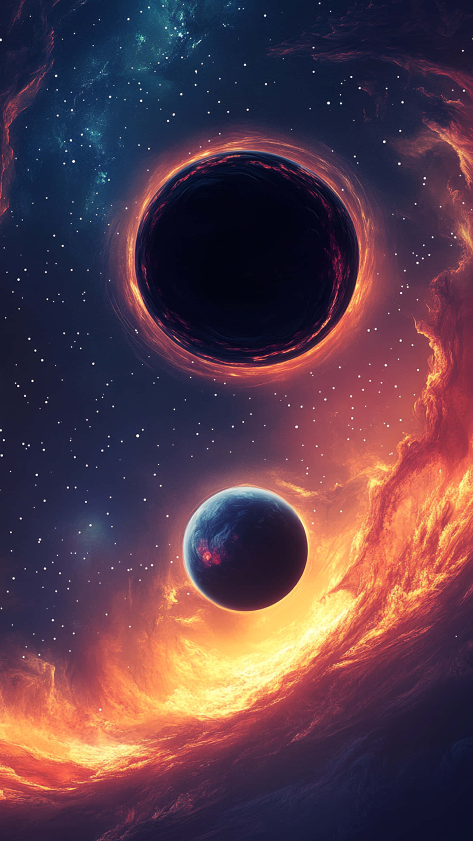 neon galaxy background, glowing black hole, blue planet, 2K Phone Wallpaper