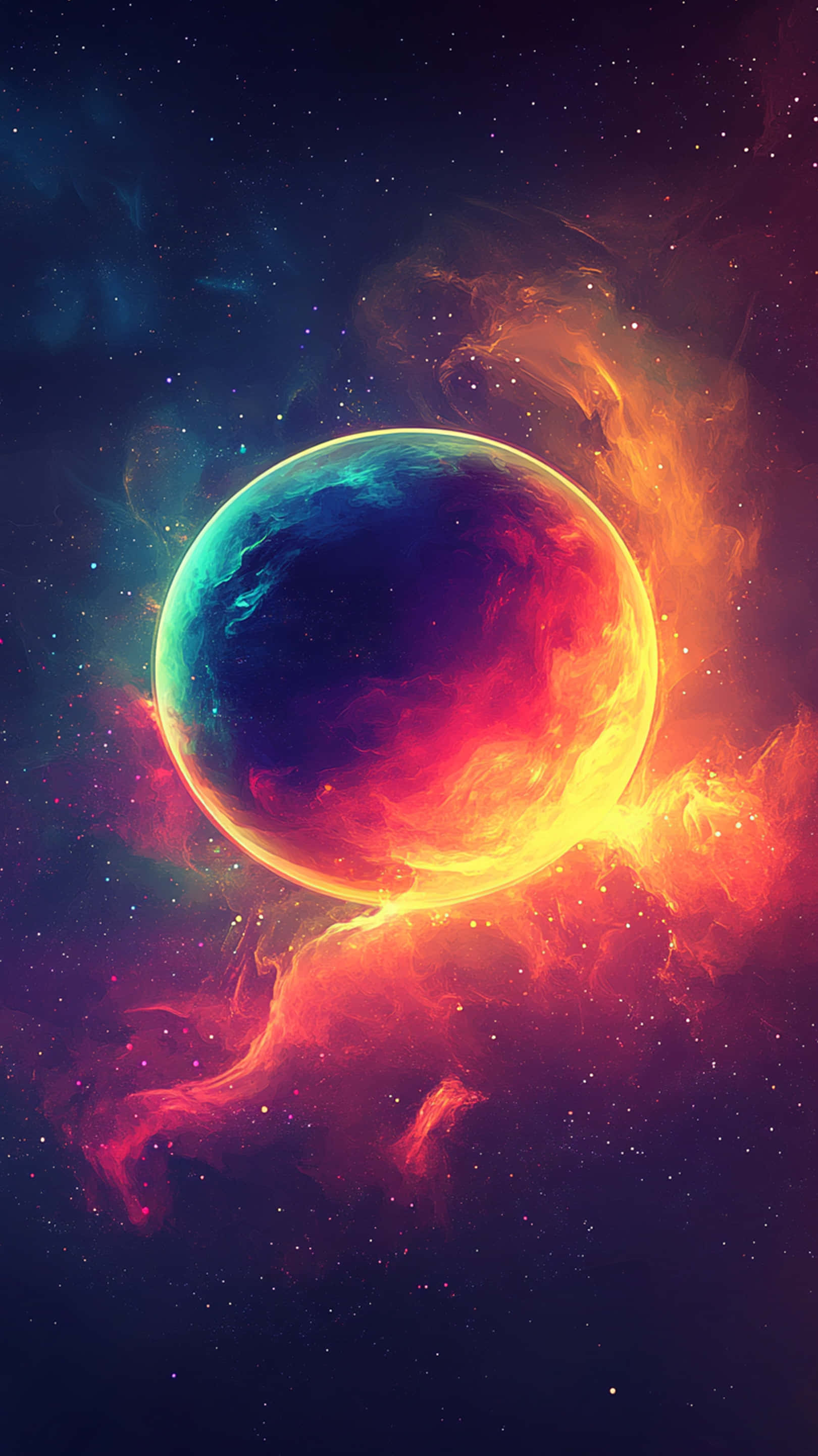 lighting galaxy background, glowing planet, blue and red hues, 2K Phone Wallpaper