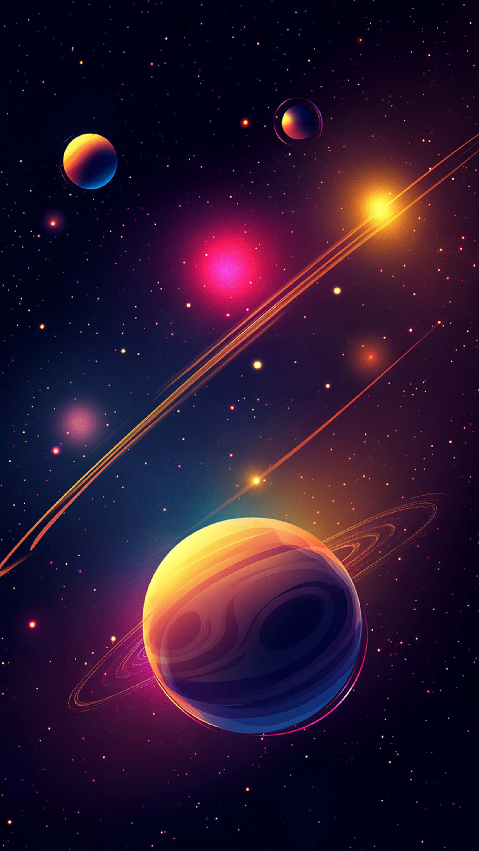 neon galaxy, ringed planet, orange and blue hues, 2K Phone Wallpaper