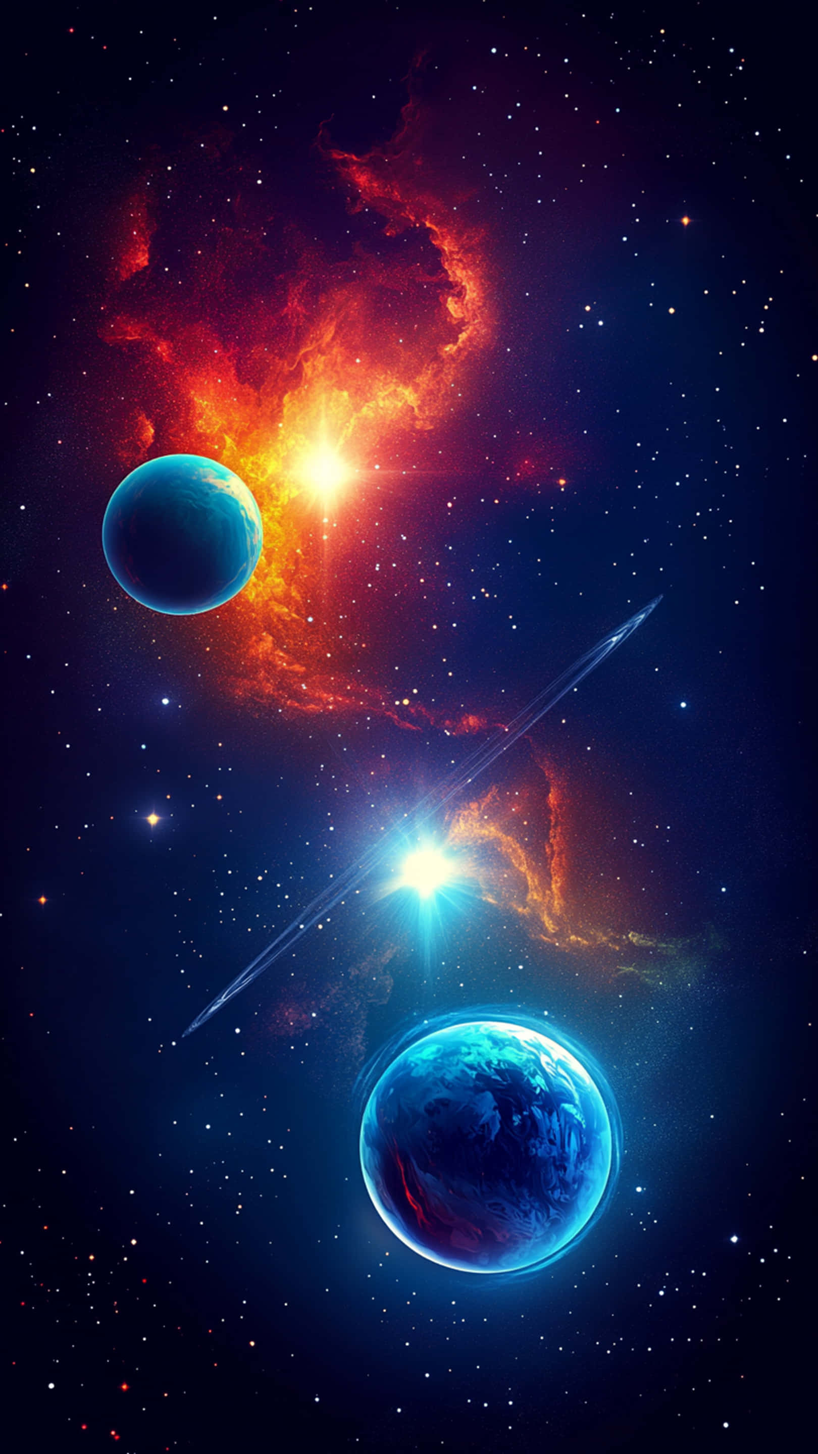 glowing blue planets, vibrant red and orange nebula, bright stars, 2K Phone Wallpaper