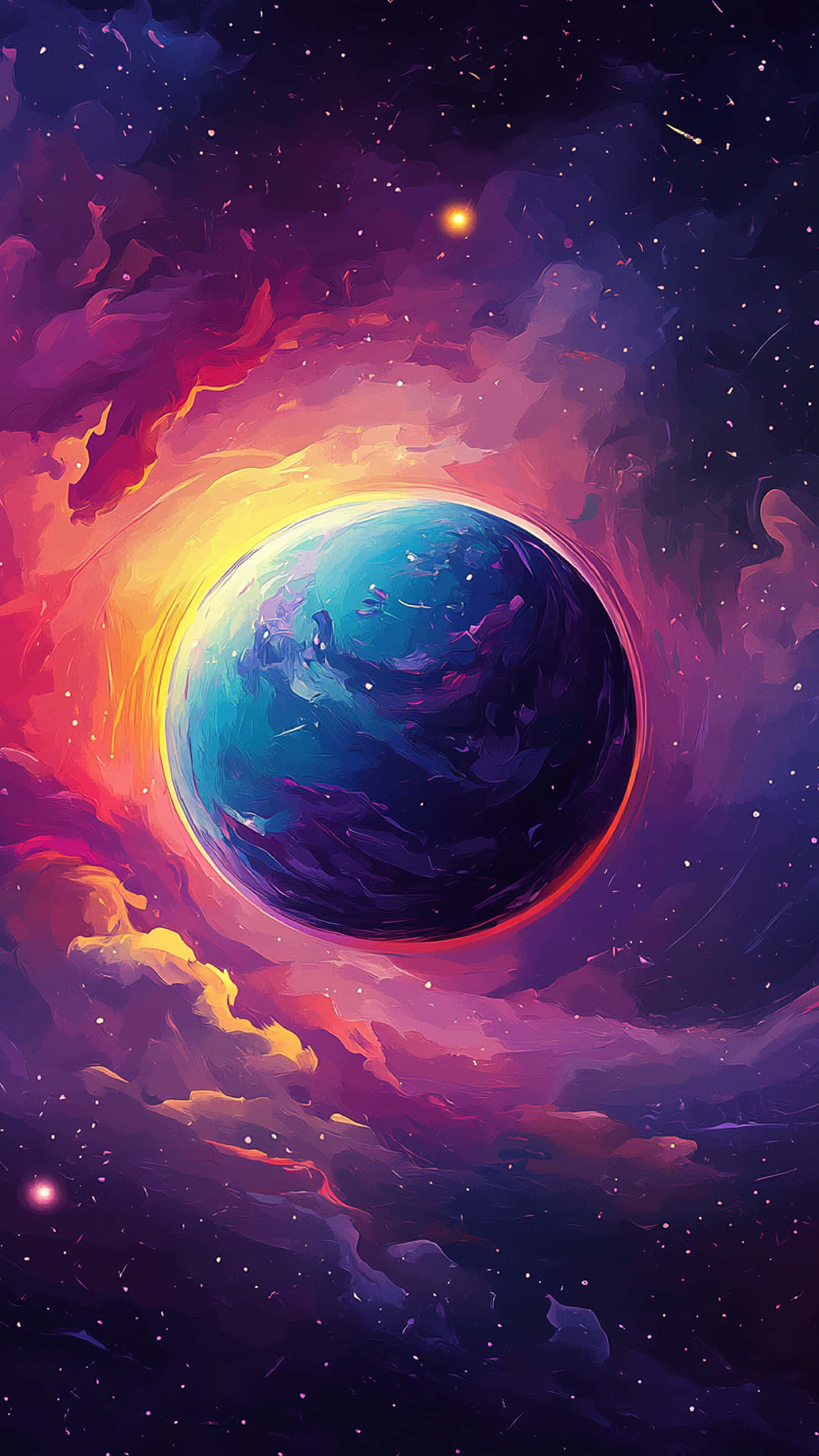 glowing blue planet, swirling cosmic clouds of orange purple and yellow, starry night sky, 2K Phone Wallpaper