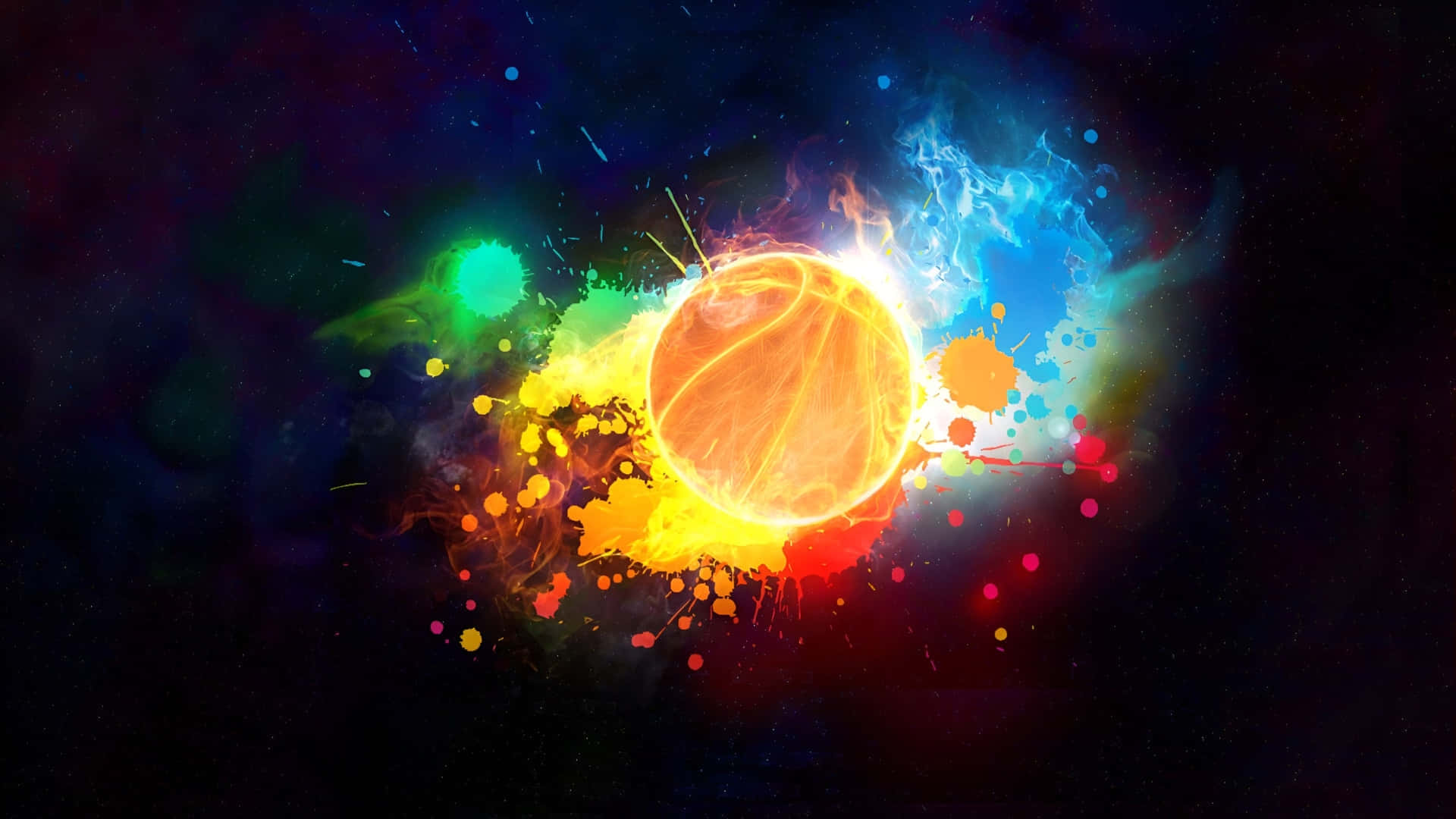 Galaxy Basketball, fiery orange light, vibrant paint splatters, Full HD Desktop Wallpaper