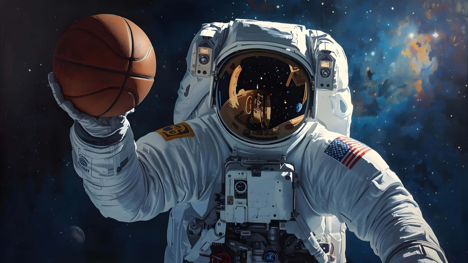 Galaxy Basketball, astronaut, white spacesuit, Full HD Desktop Wallpaper