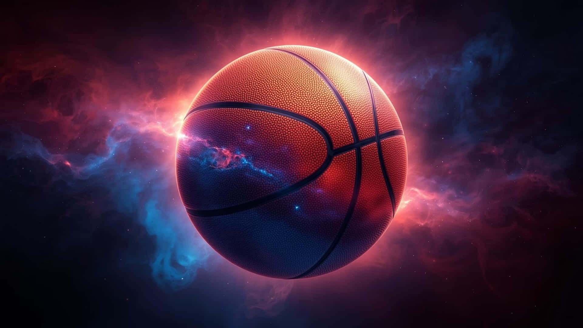 Galaxy Basketball, cosmic nebula, glowing red and blue clouds, Full HD Desktop Wallpaper