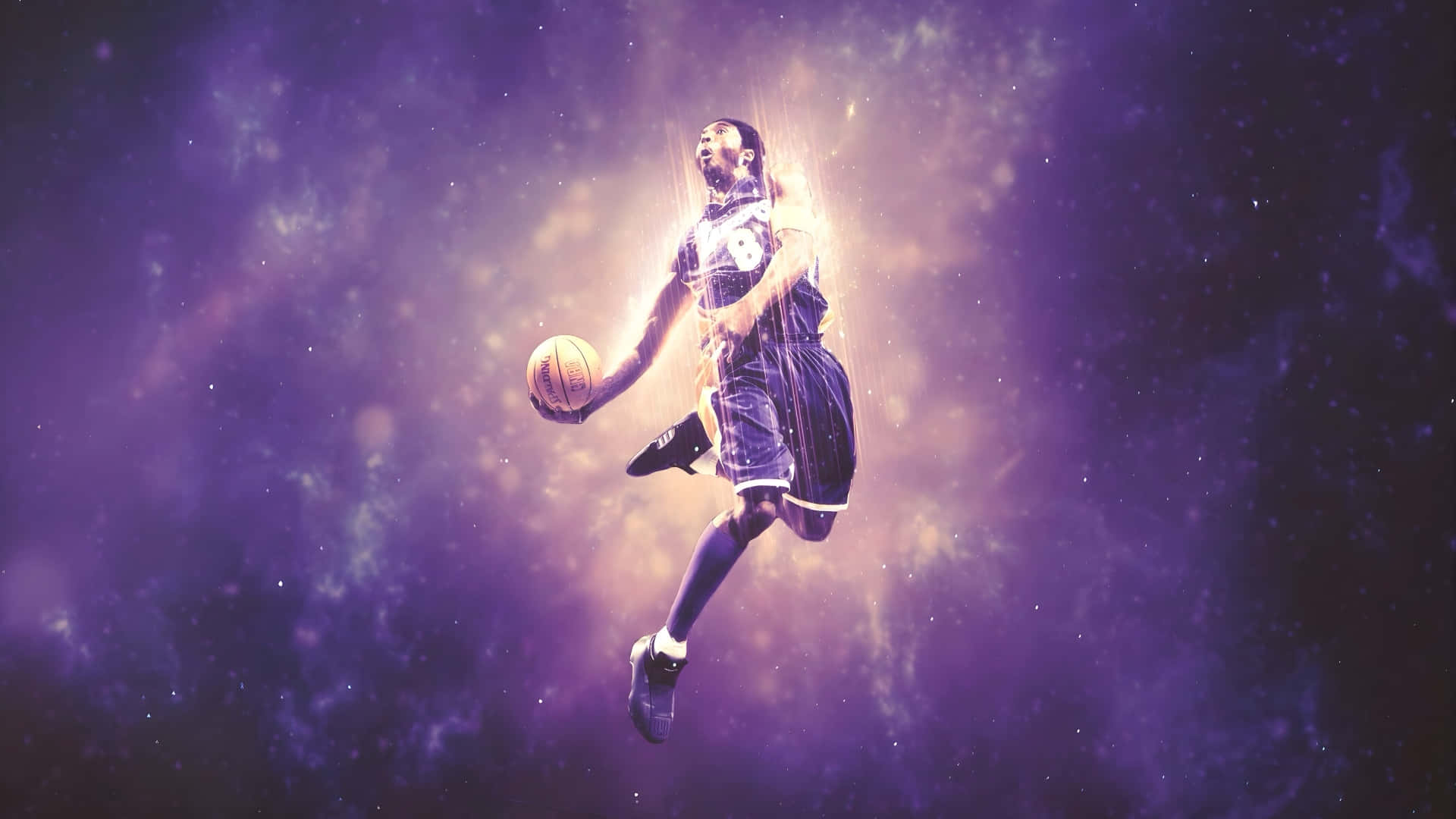 Galaxy Basketball Star, cosmic purple nebula, radiant light streaks, Full HD Desktop Wallpaper