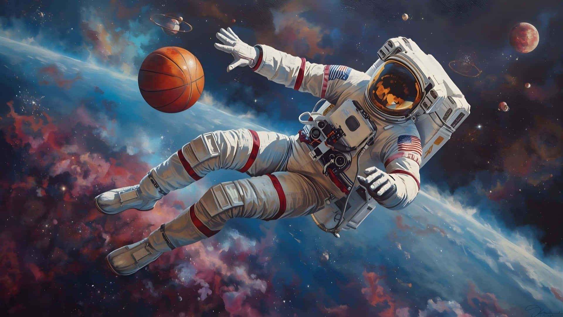 Galaxy Basketball, astronaut, white spacesuit, Full HD Desktop Wallpaper