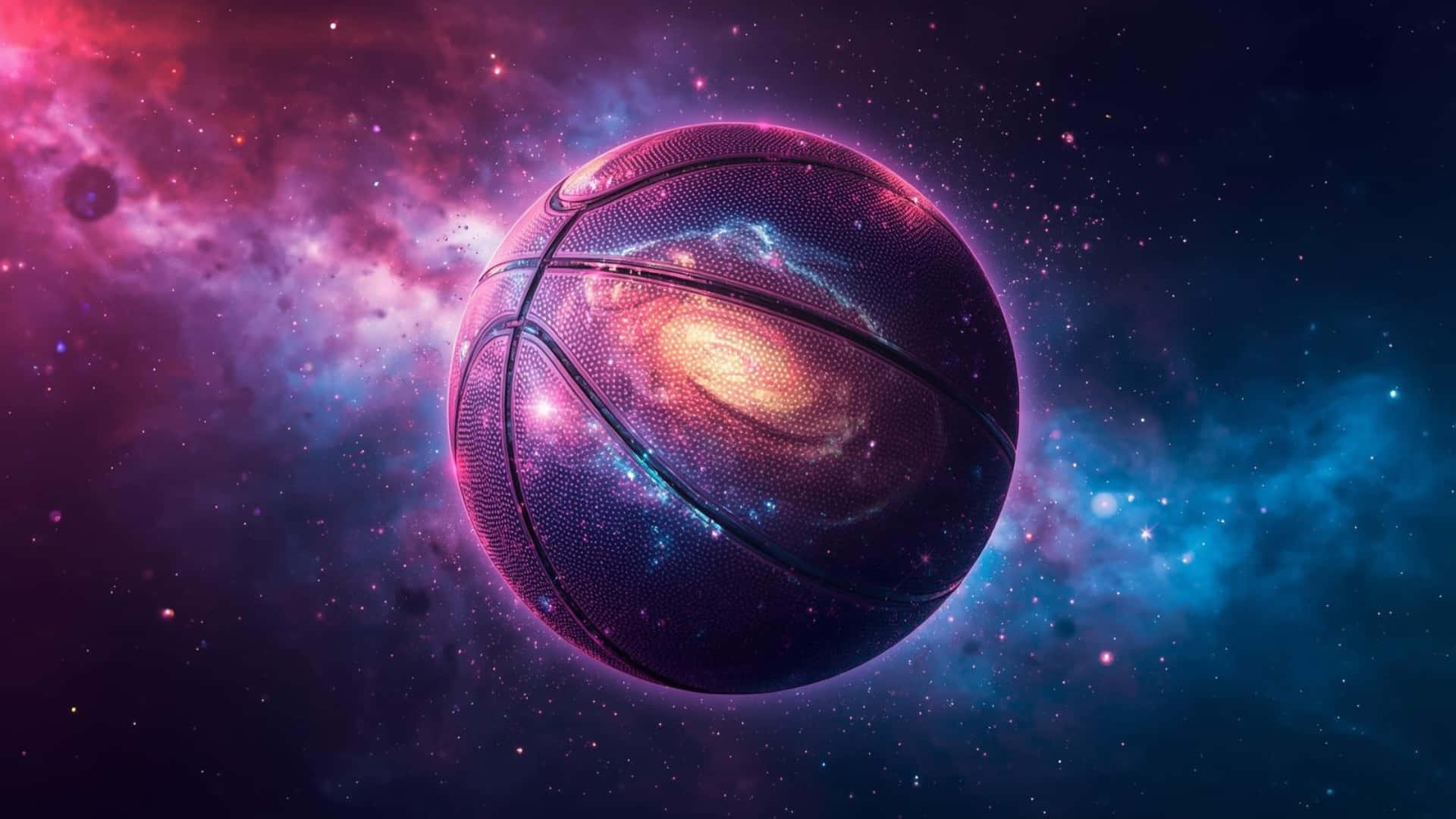 Galaxy Basketball, cosmic nebula, pink blue and gold stars, Full HD Desktop Wallpaper