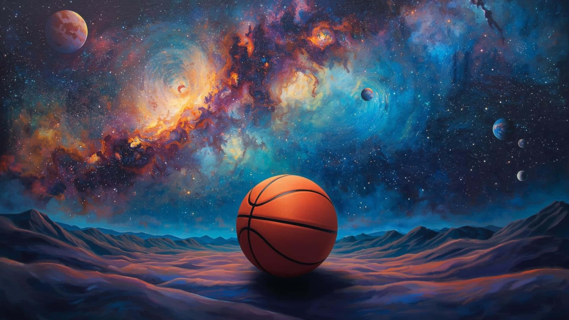 Galaxy Basketball, barren alien landscape, vibrant cosmic sky, Full HD Desktop Wallpaper
