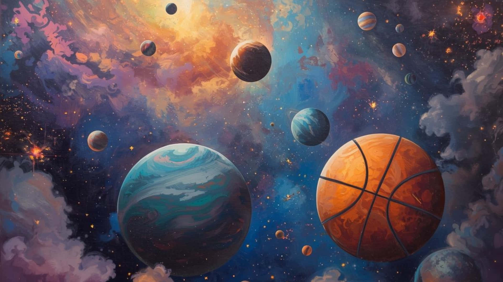 Galaxy Basketball, basketball, colorful planets, Full HD Desktop Wallpaper