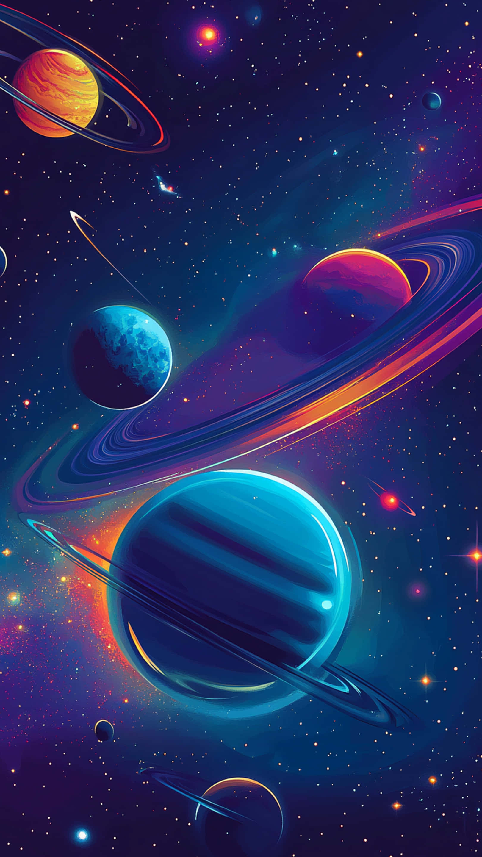 galaxy background, blue background, glowing planets, 2K Phone Wallpaper
