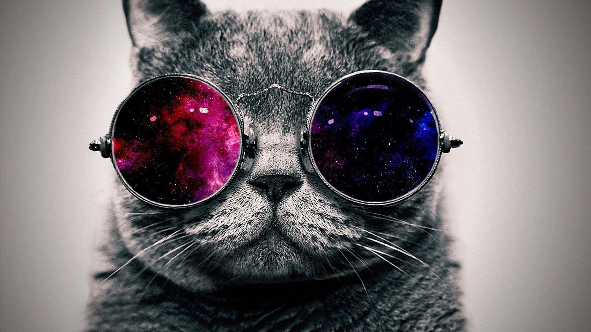 Galaxy Cat, gray cat, round glasses, Full HD Desktop Wallpaper