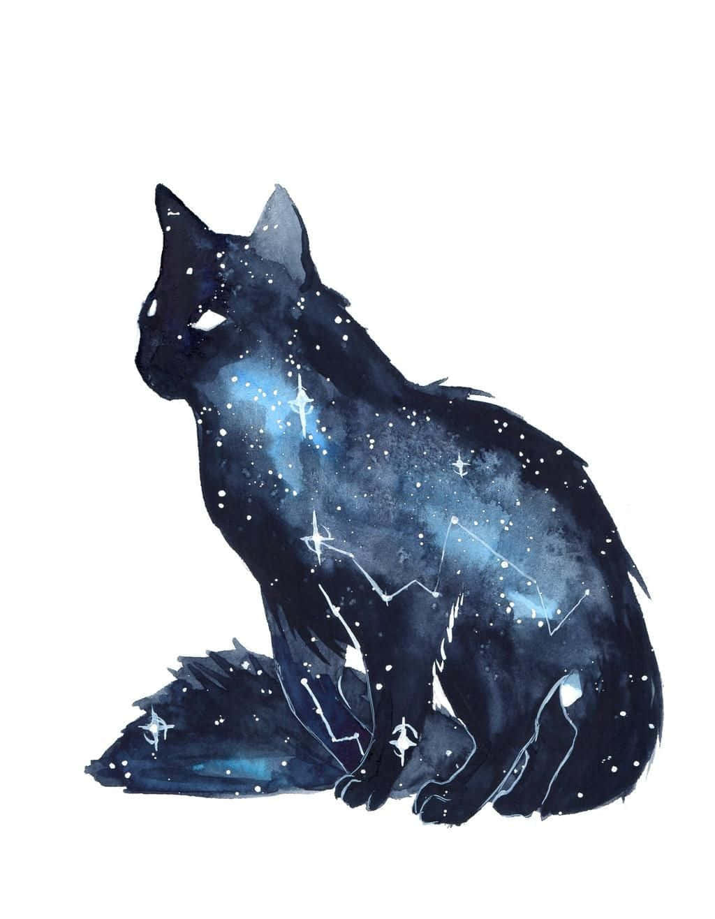Galaxy Cat, watercolor cat silhouette, glowing stars, HD Phone Wallpaper