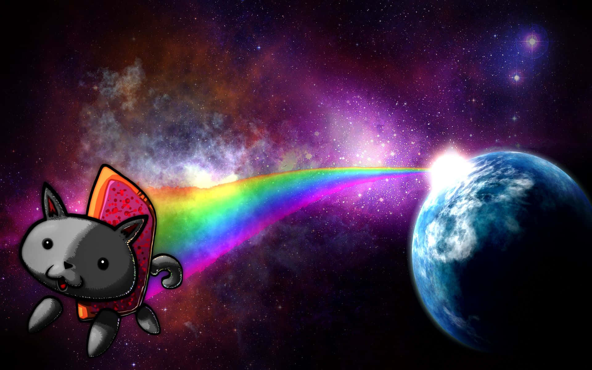 Galaxy Cat, rainbow jetpack, colorful nebula, Full HD Desktop Wallpaper