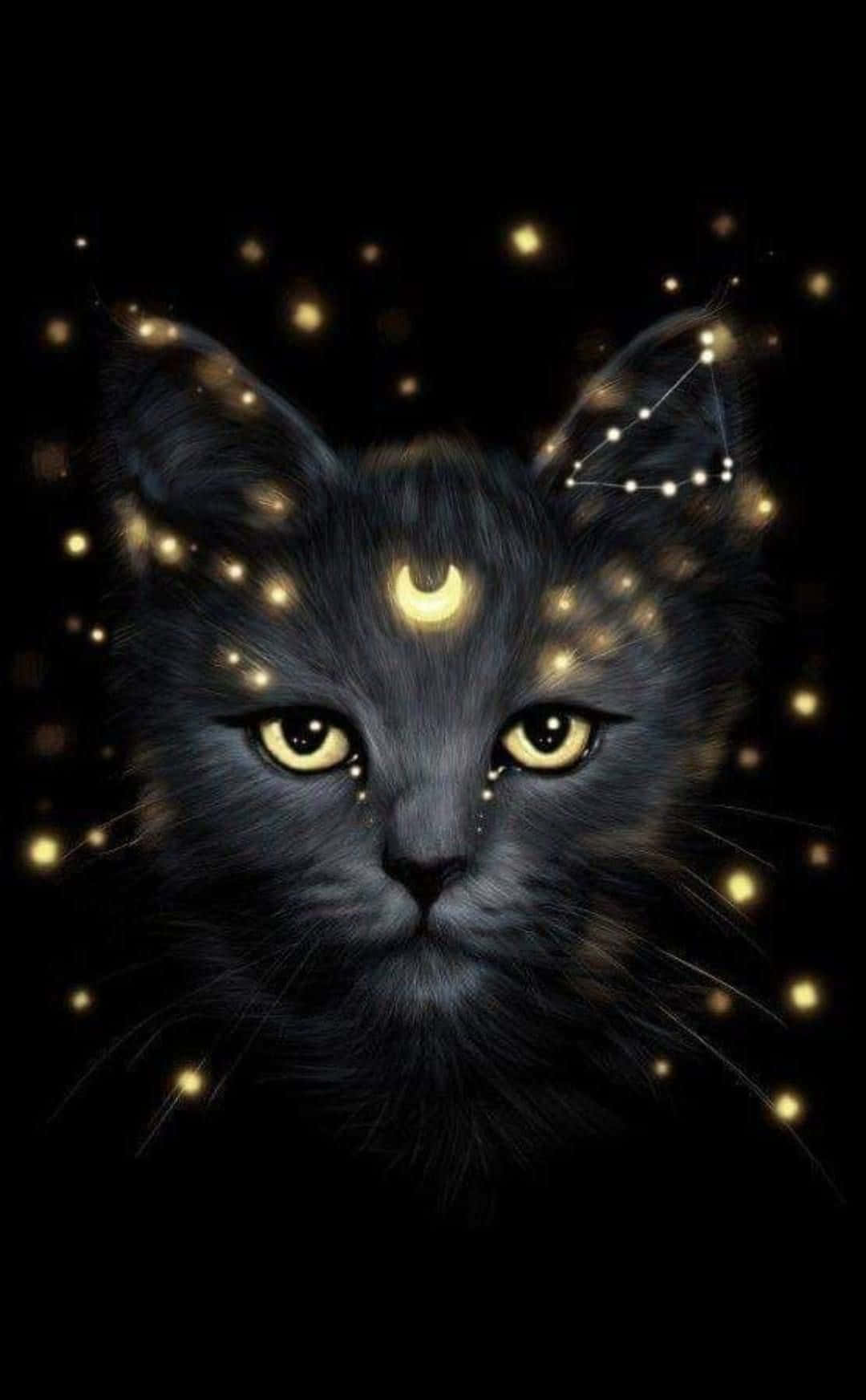 Galaxy Cat, glowing yellow eyes, crescent moon, HD Phone Wallpaper