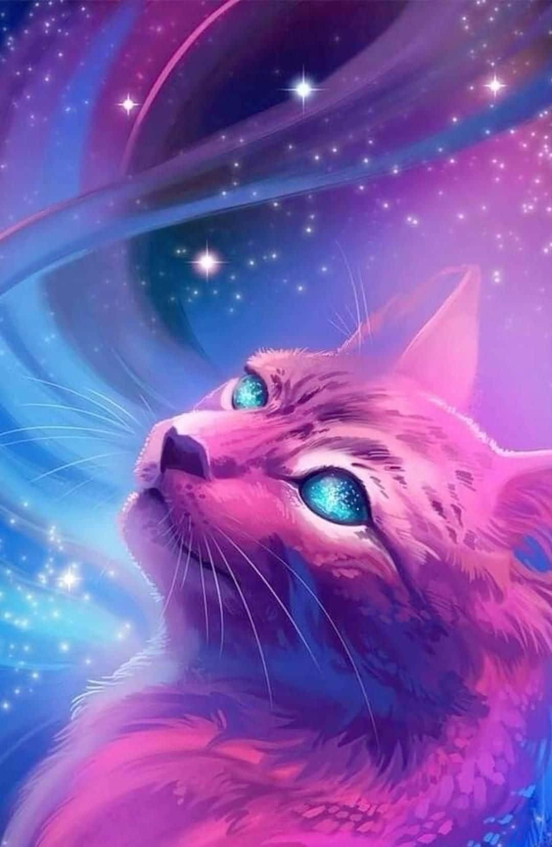 Galaxy Cat, Galaxy Purple Cat, glowing blue eyes, HD Phone Wallpaper