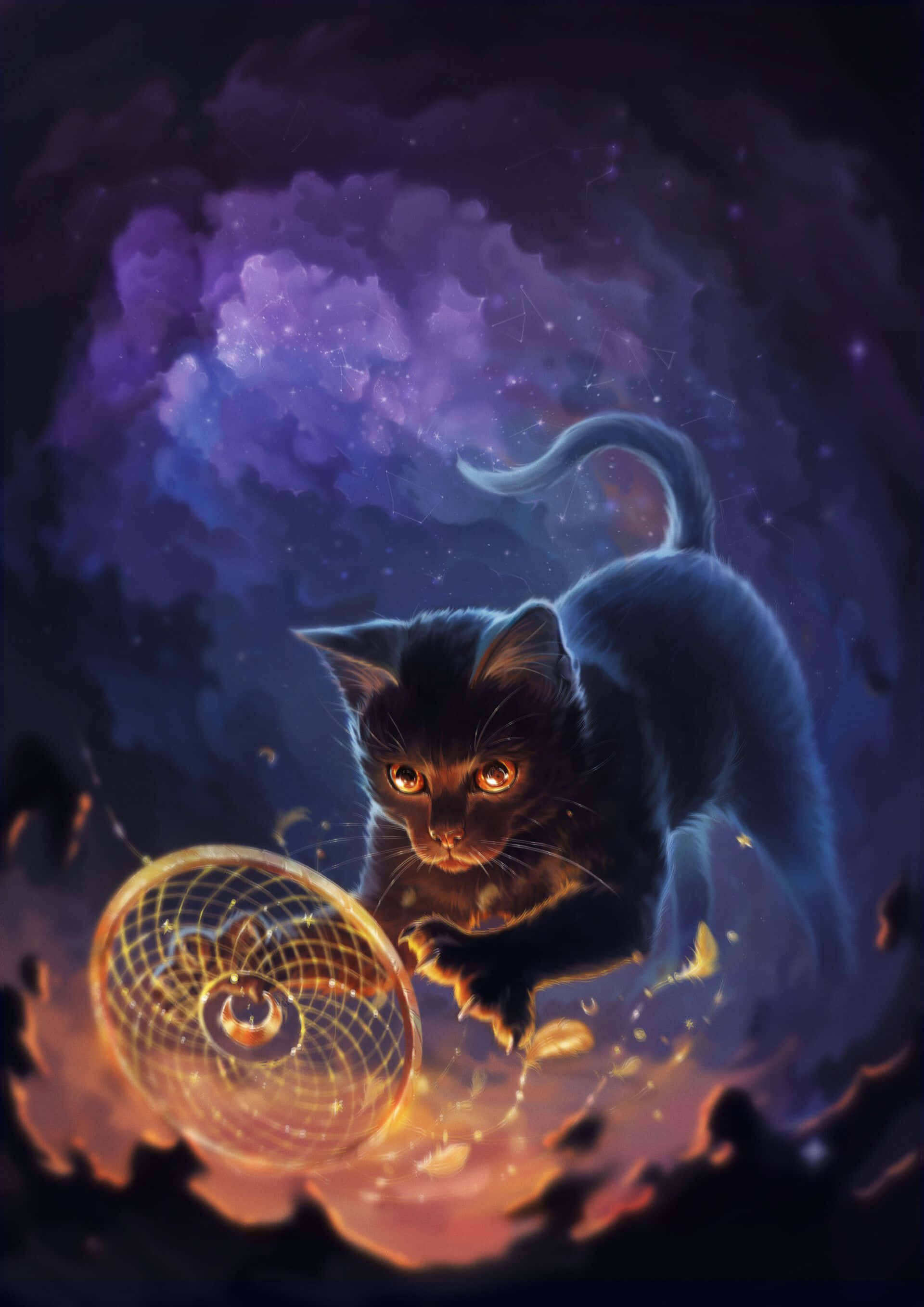 Galaxy Cat, black cat, glowing amber eyes, 2K Phone Wallpaper