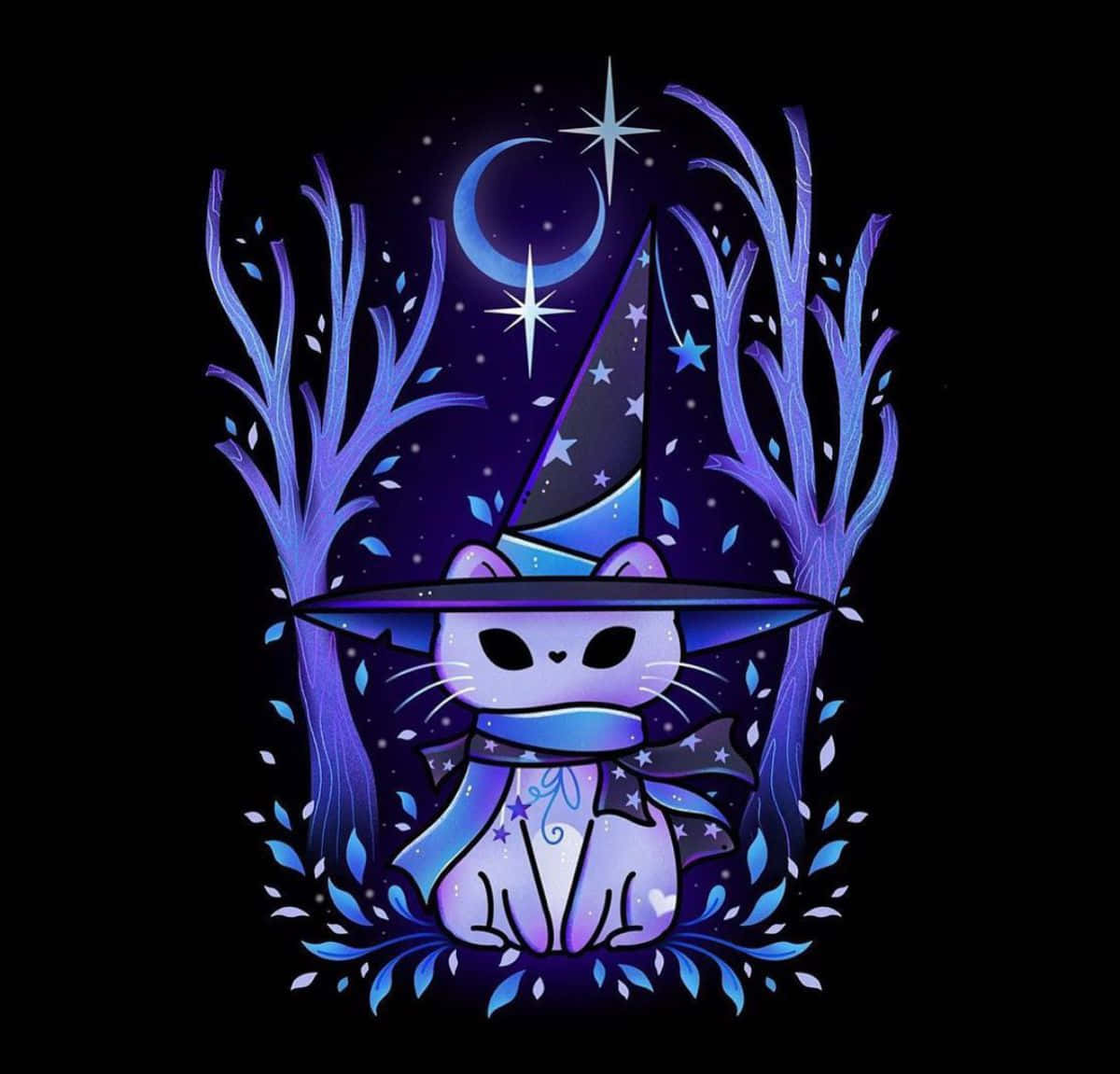 Galaxy Cat, purple witch cat, starry hat, SD Desktop Wallpaper