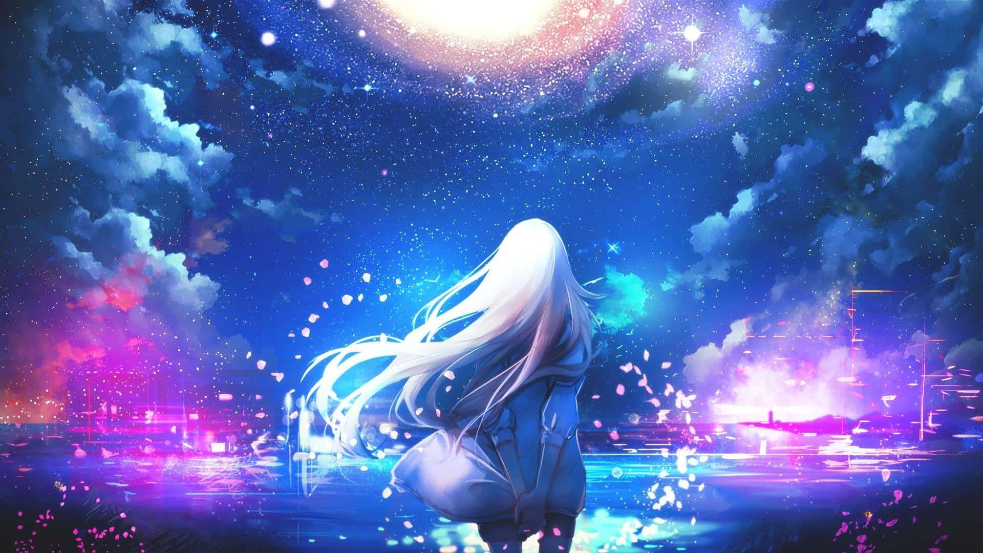 Galaxy Emojis, anime girl, white hair, Full HD Desktop Wallpaper