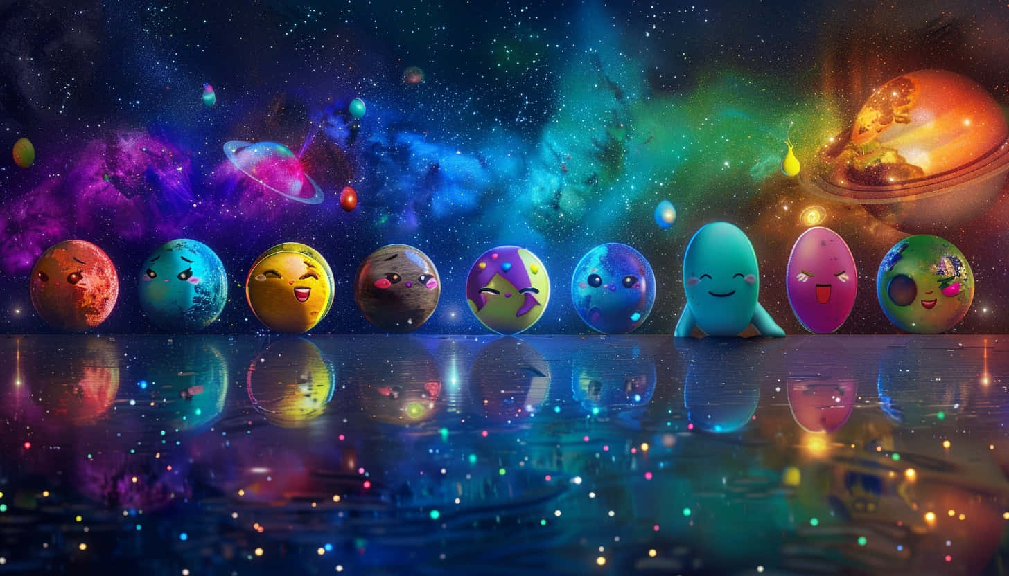 cosmic emojis gathering, kawaii planets, reflective surface, HD Desktop Wallpaper