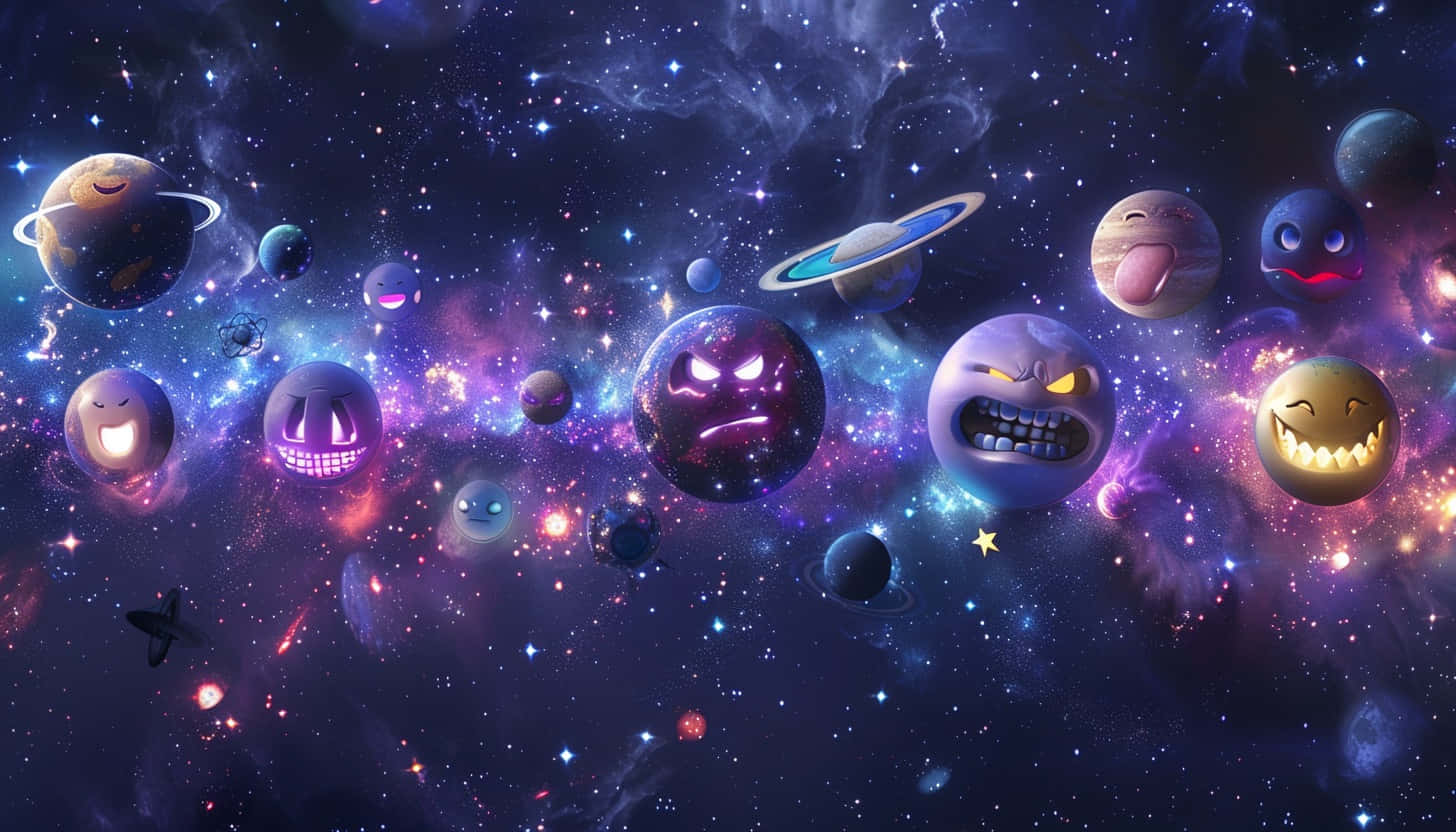 Cosmic_ Emoji_ Expressions, cartoon planets, exaggerated facial expressions, HD Desktop Wallpaper