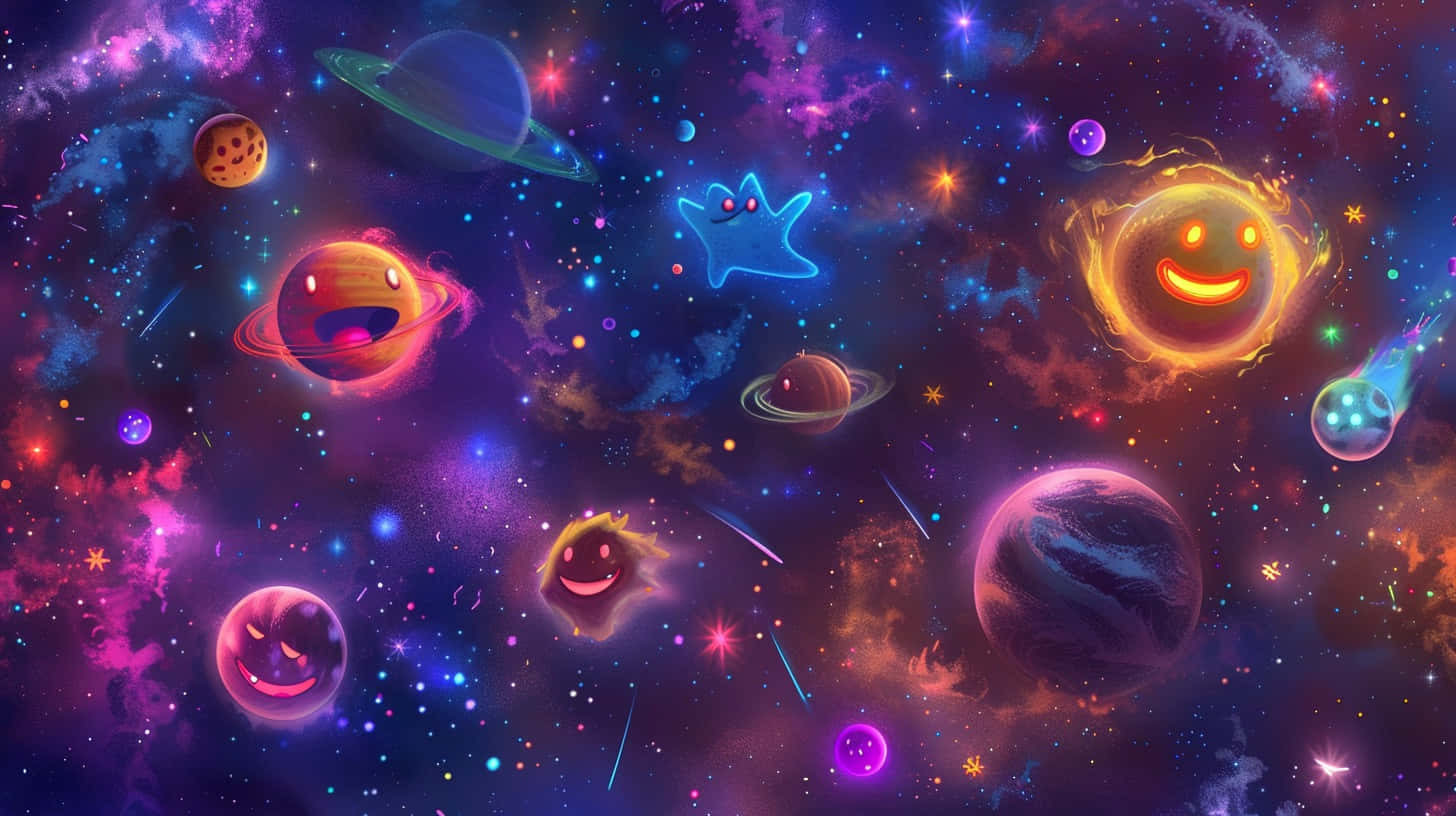 vibrant galaxy emojis, cosmic scene, smiling planets, HD Desktop Wallpaper