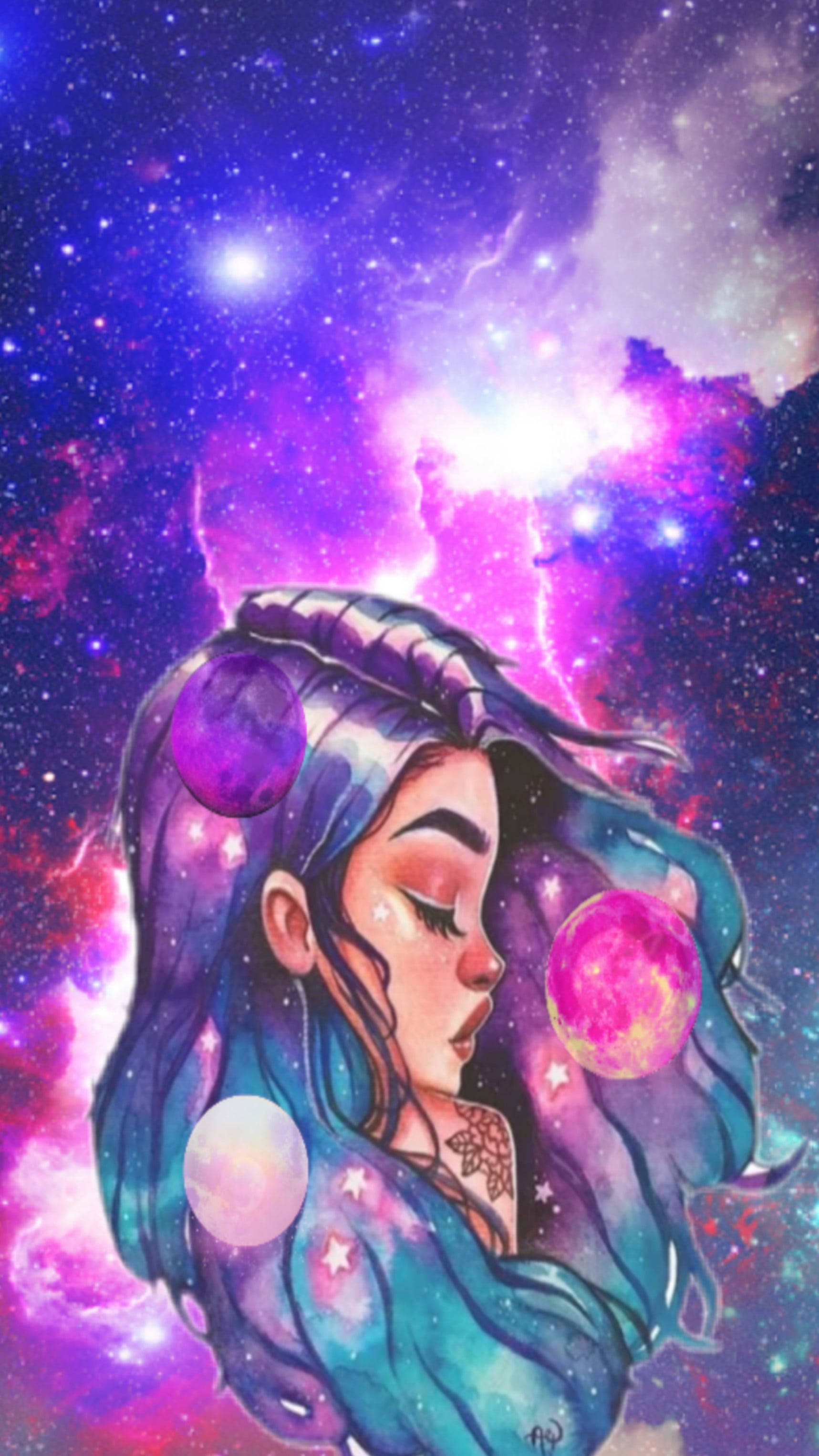 Galaxy iPhone, cosmic nebula, glowing orbs, 2K Phone Wallpaper