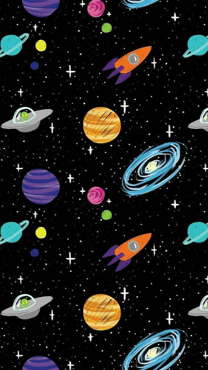 space galaxy, cartoon planets, rockets, HD Phone Wallpaper