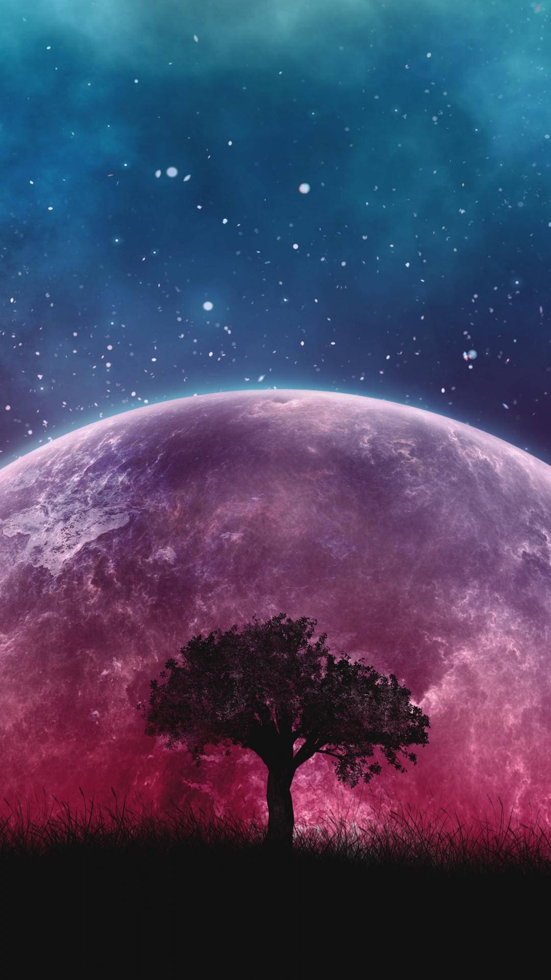 Pink Moon Galaxy iPhone, purple and pink planet, starry teal sky, Full HD Phone Wallpaper