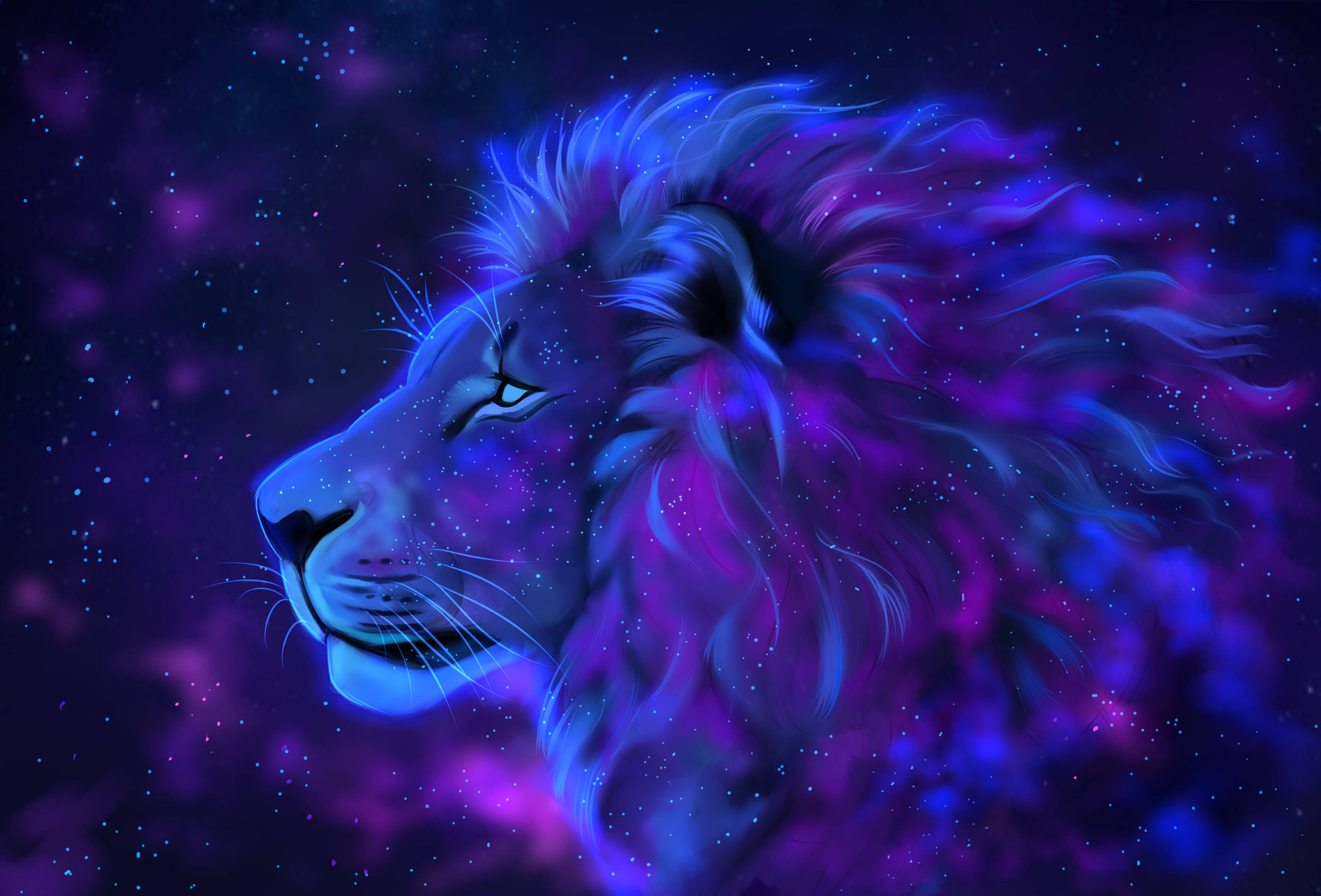 Galaxy Lion, purple, cosmic purple and blue fur, 2K Desktop Wallpaper