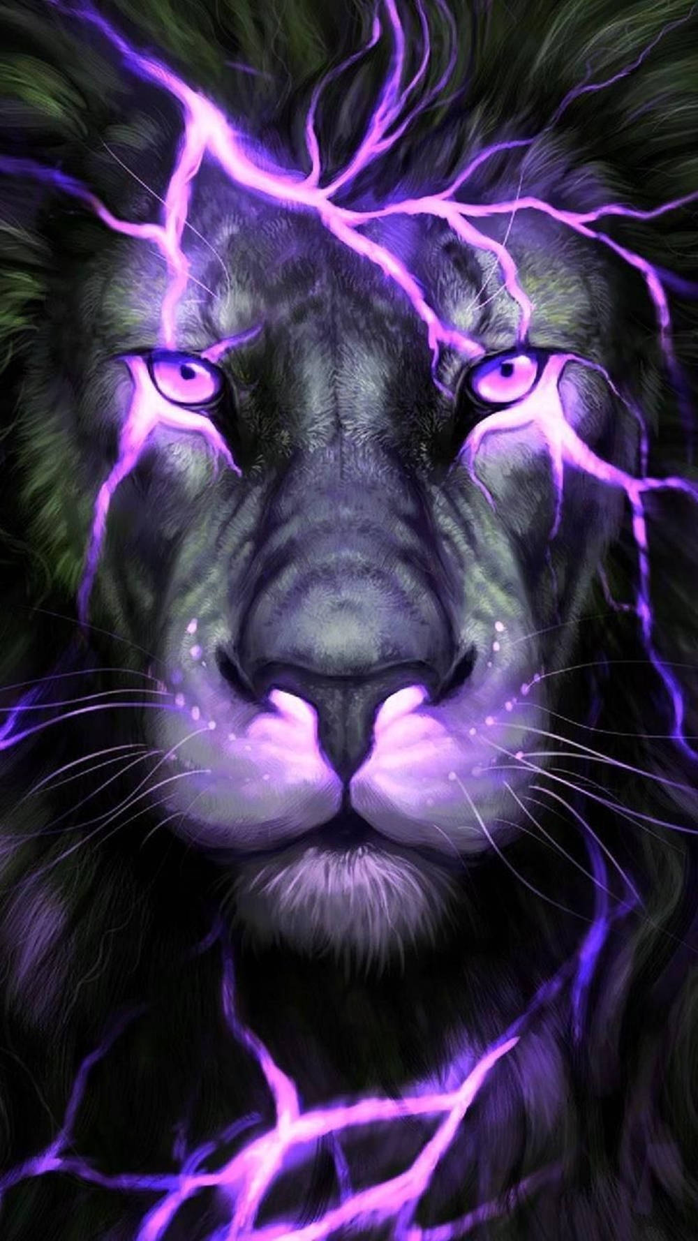 Purple Neon Lion Galaxy, lion's face, vivid purple lightning, HD Phone Wallpaper