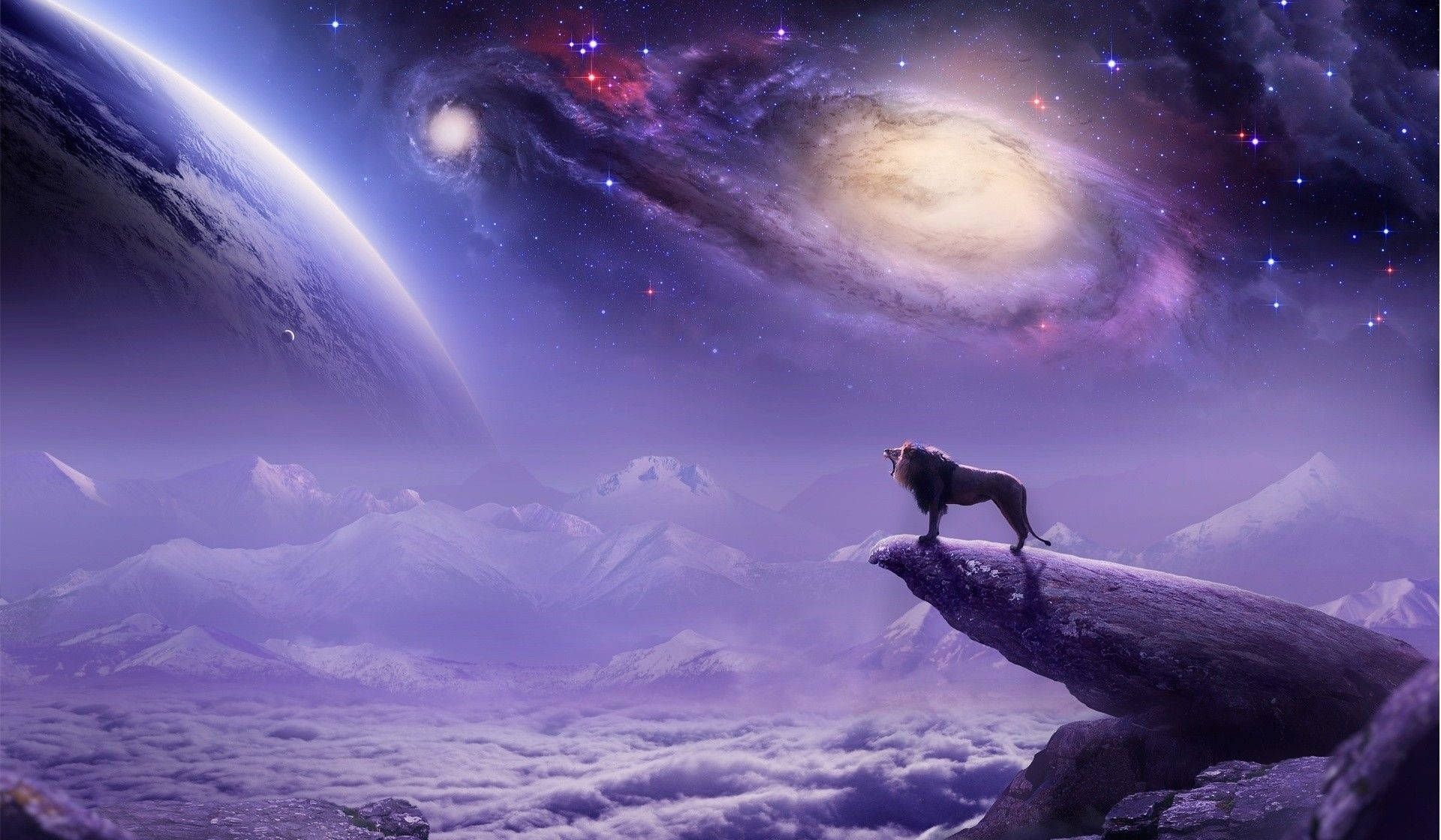 Lion Galaxy Silhouette, purple cosmos, swirling galaxy, Full HD Desktop Wallpaper