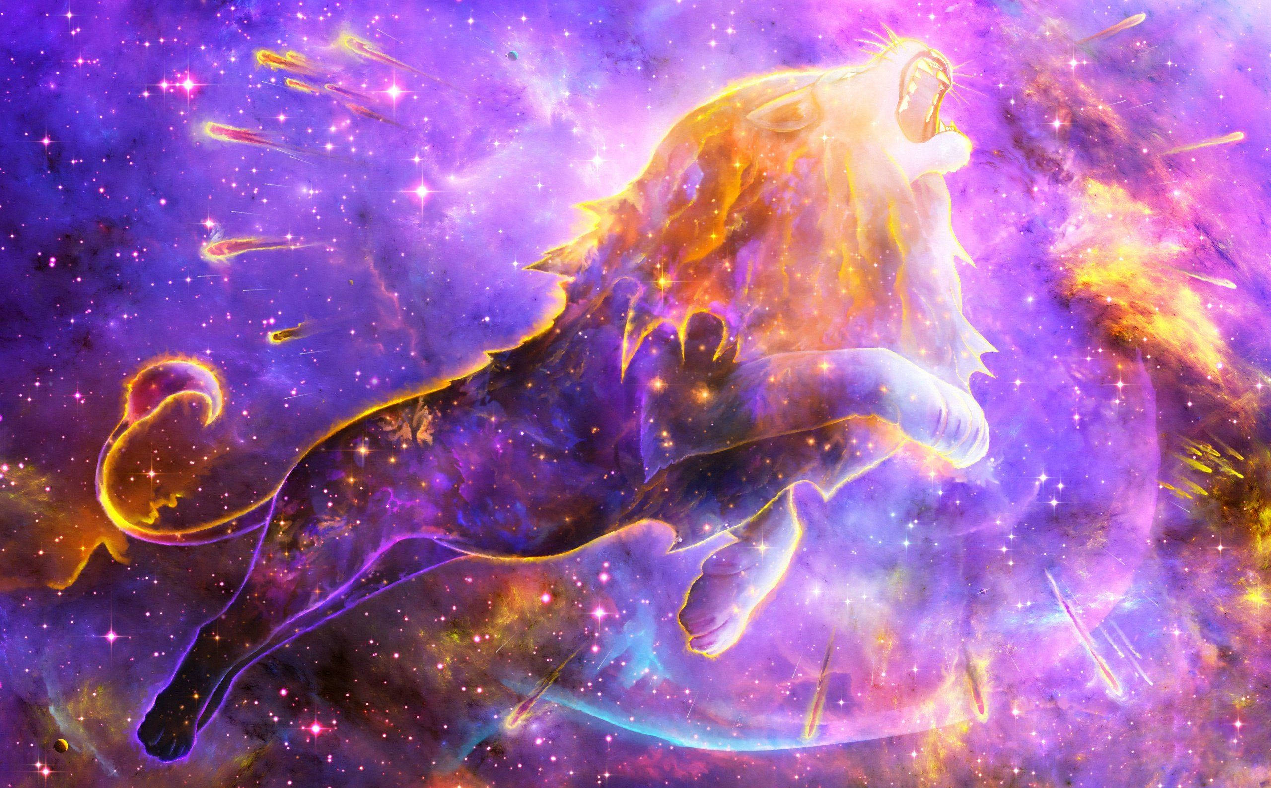 lion, cosmic nebula, purple gold stars, 2K Desktop Wallpaper