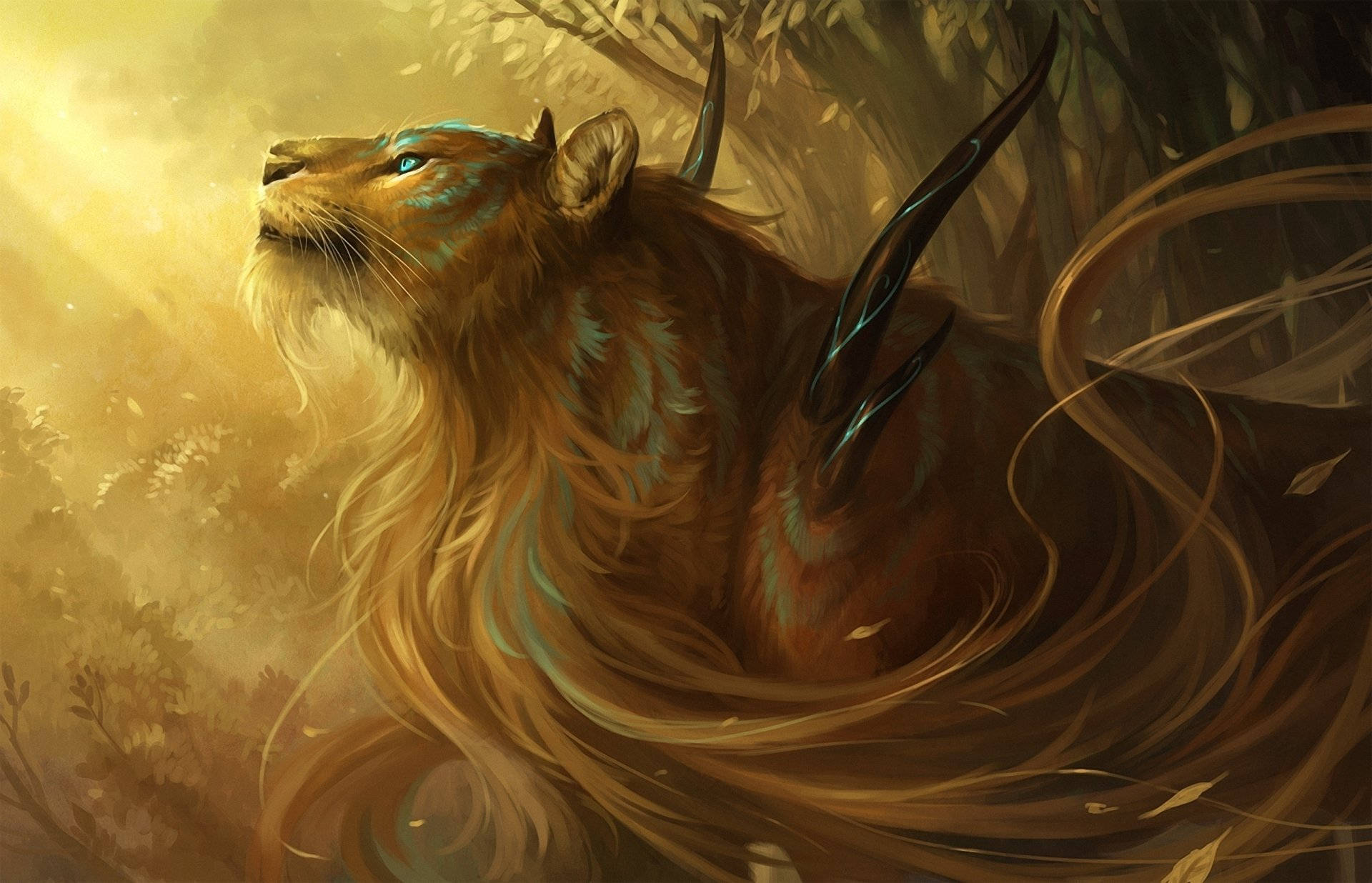 Golden Lion Galaxy, glowing blue eyes, flowing mane, Full HD Desktop Wallpaper