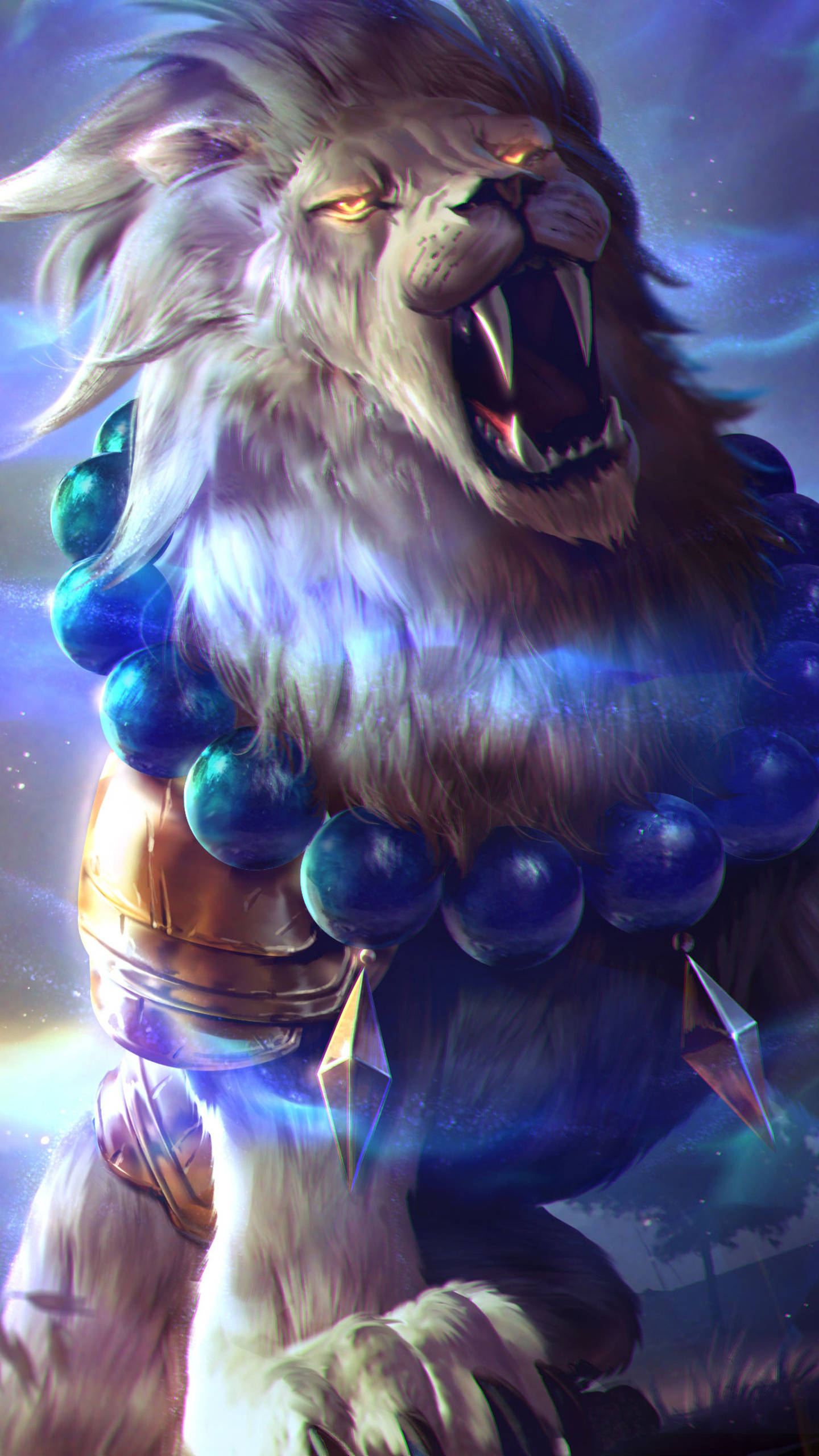 Lion Galaxy, glowing eyes, blue beaded necklace, 2K Phone Wallpaper
