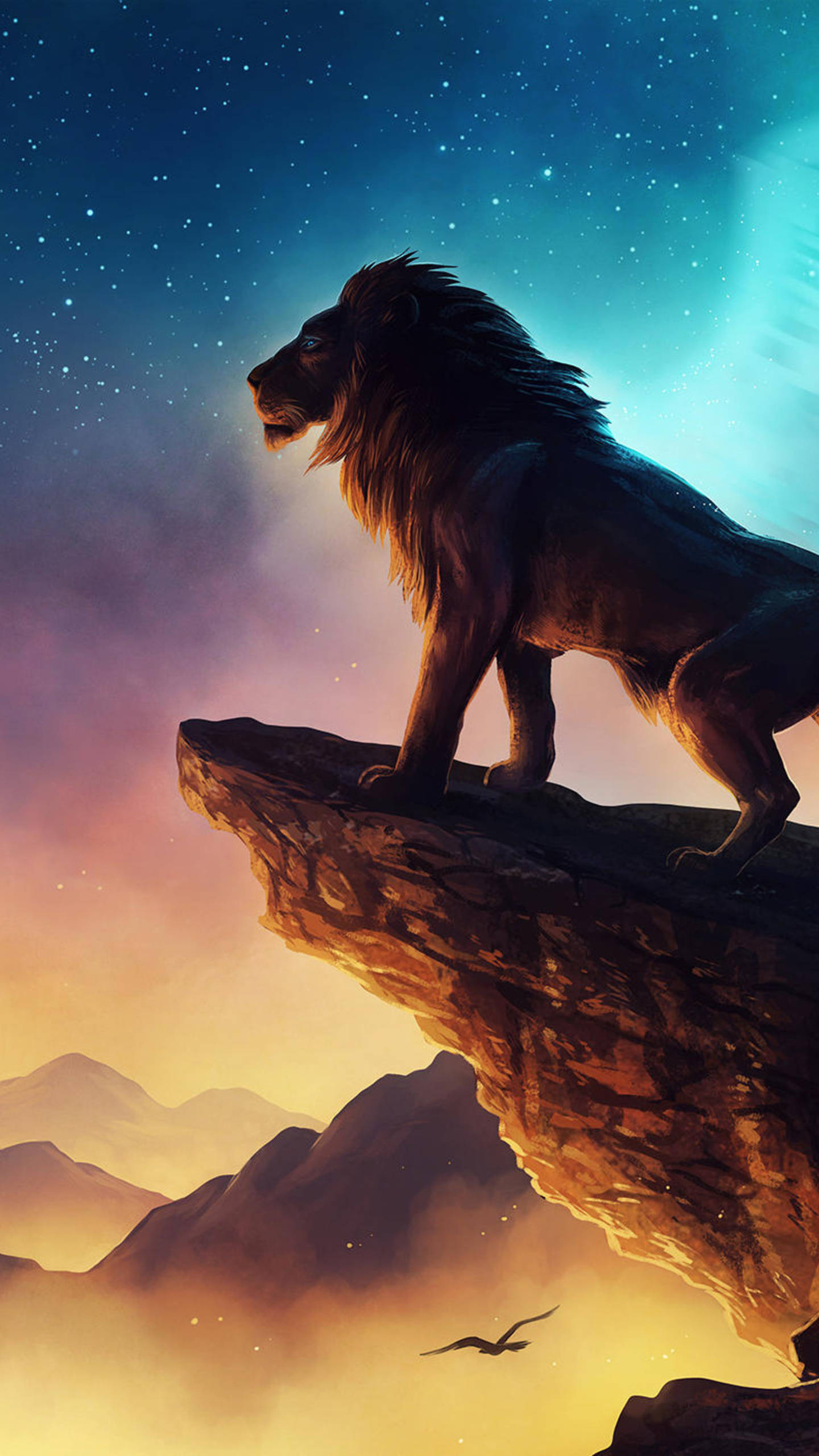 Galaxy Lion, cliff, starry twilight sky, 2K Phone Wallpaper