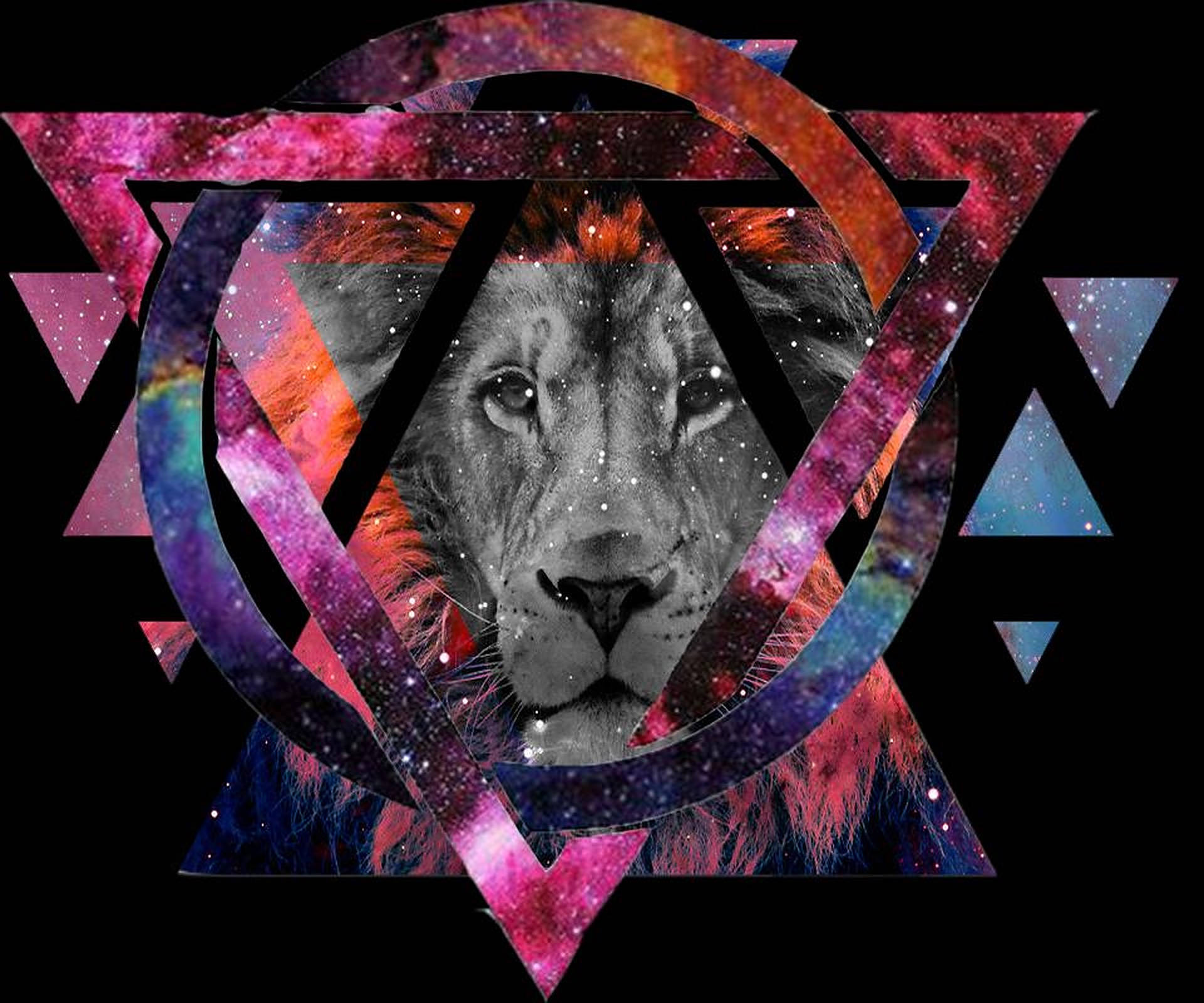 Galaxy Lion, geometric art, cosmic triangles, Full HD Desktop Wallpaper